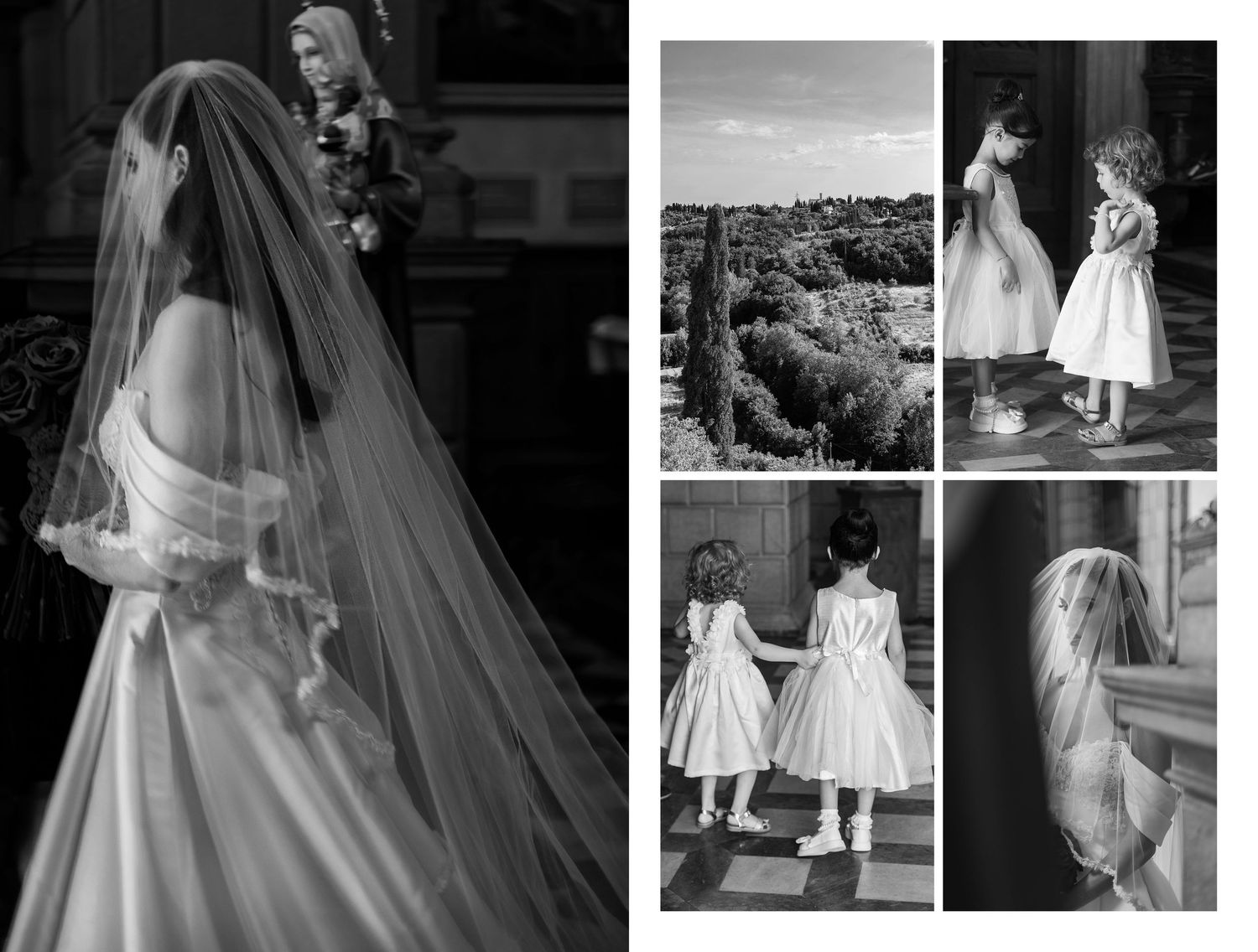 Black and white wedding collage featuring bride in veil, flower girls in white dresses, and vineyard backdrop.