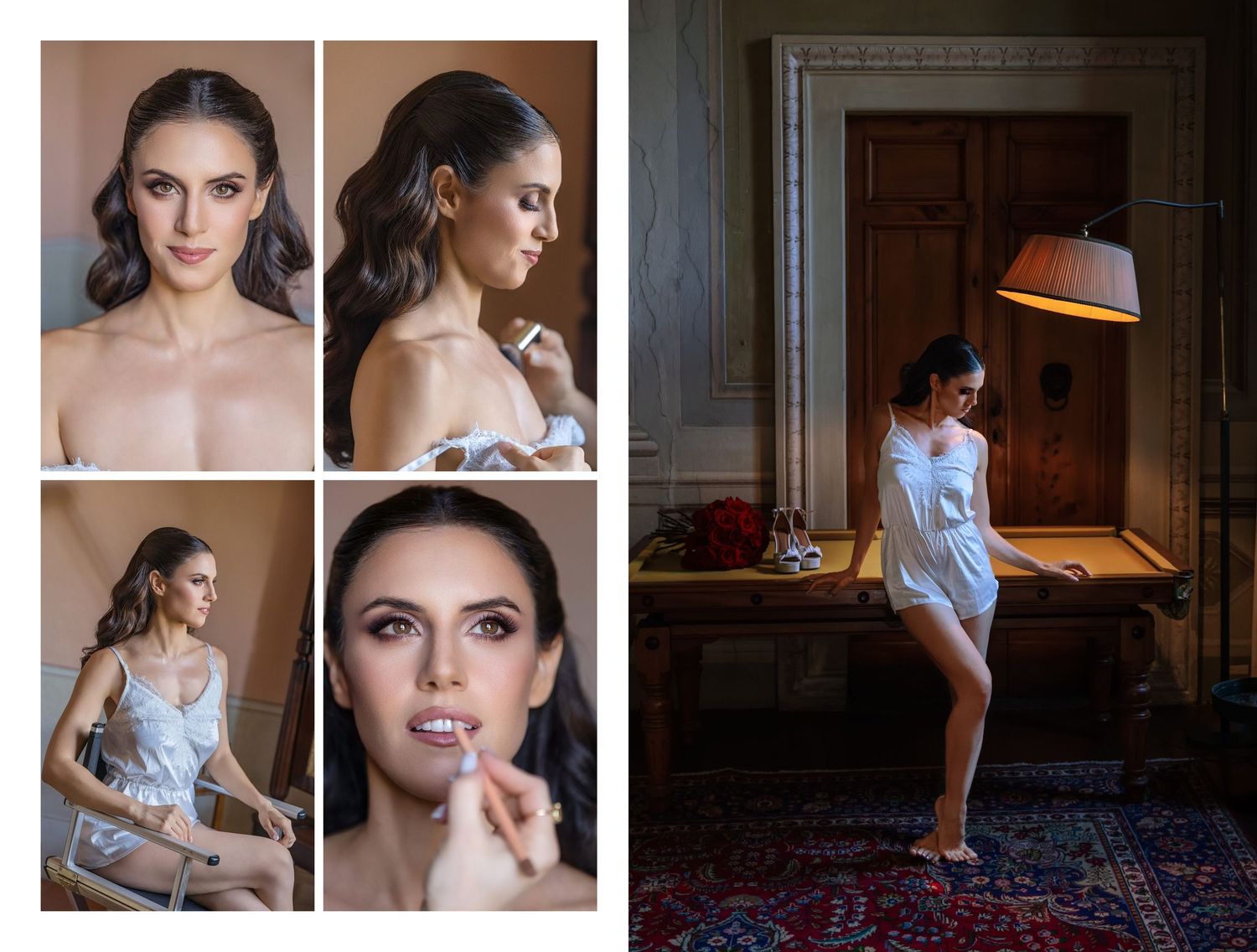 Elegant brunette woman in professional portrait collage wearing lace lingerie, posing in luxurious room with warm lamp lighting.
