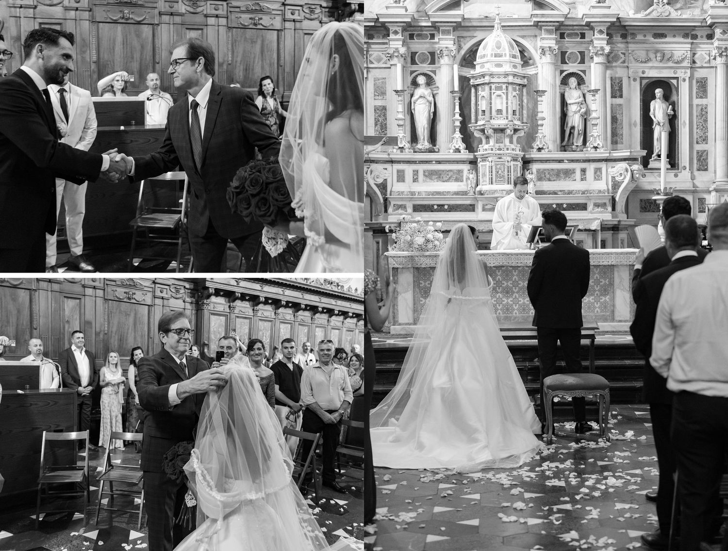 Black and white wedding ceremony photos inside ornate church showing bride in veil, groom, and guests at altar.