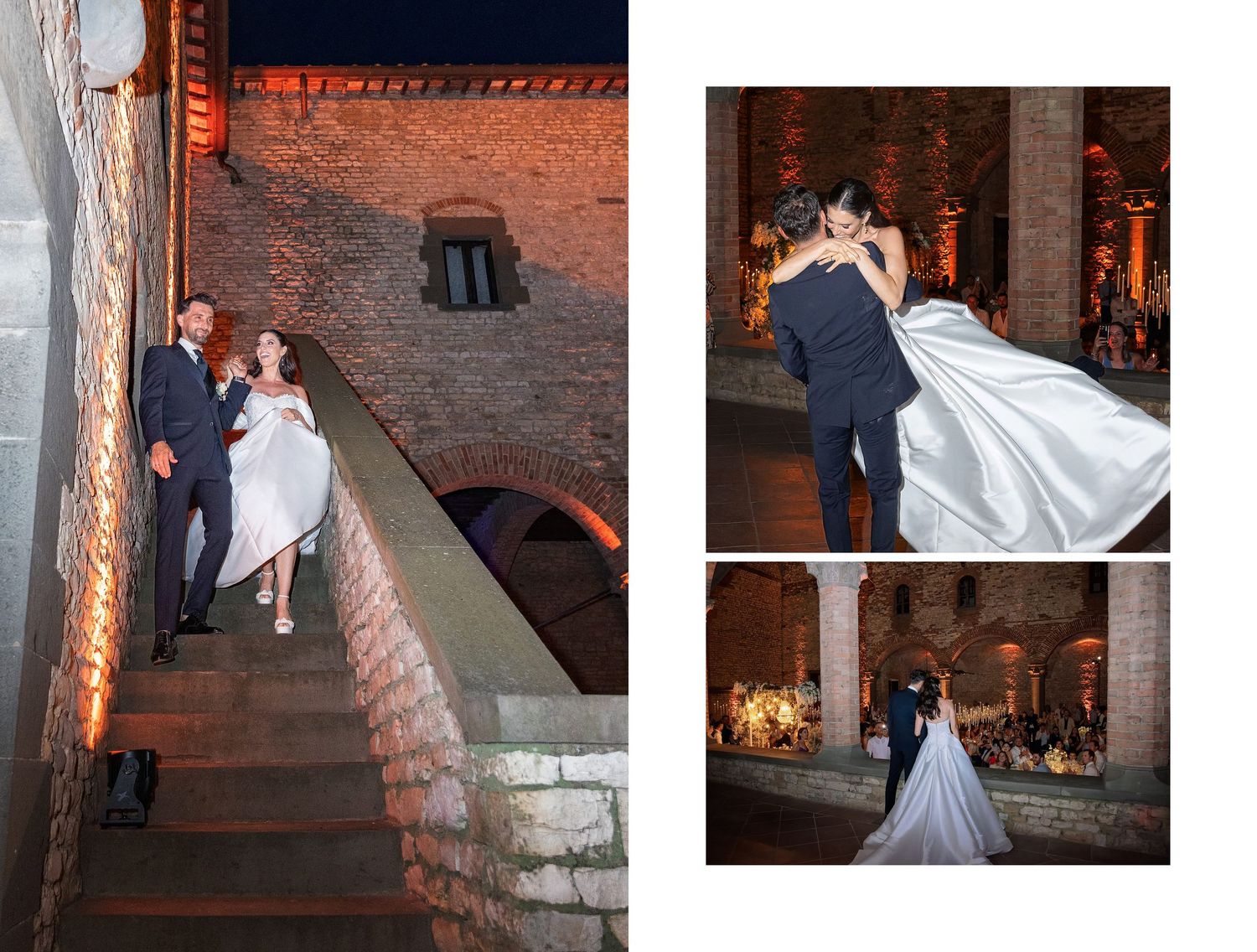 Bride and groom share romantic wedding moments at a historic brick venue, dancing and posing on stone steps at night.