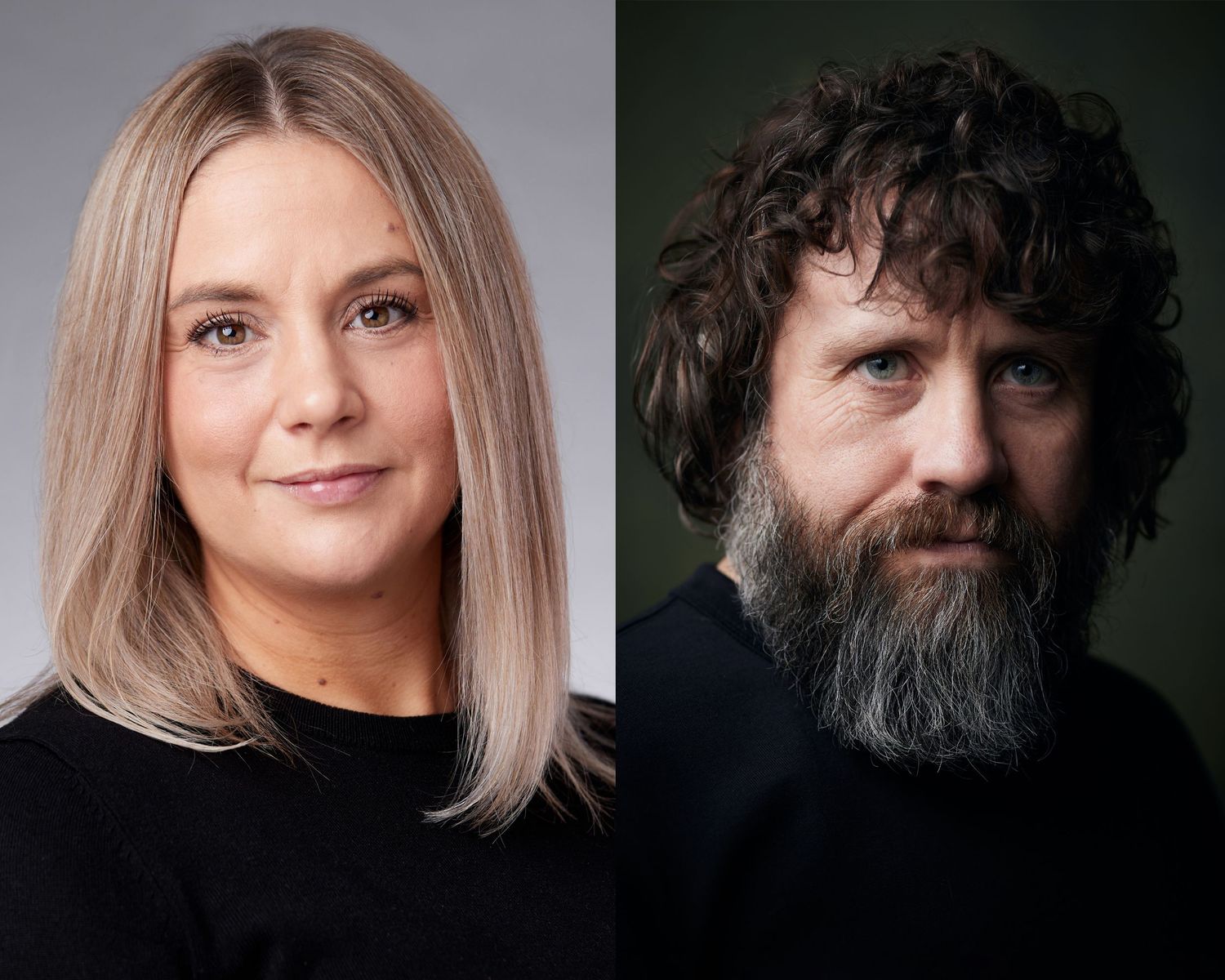 Two photos side by side: on the left a business headshot of a woman; on the right an actor headshot of a male performer.