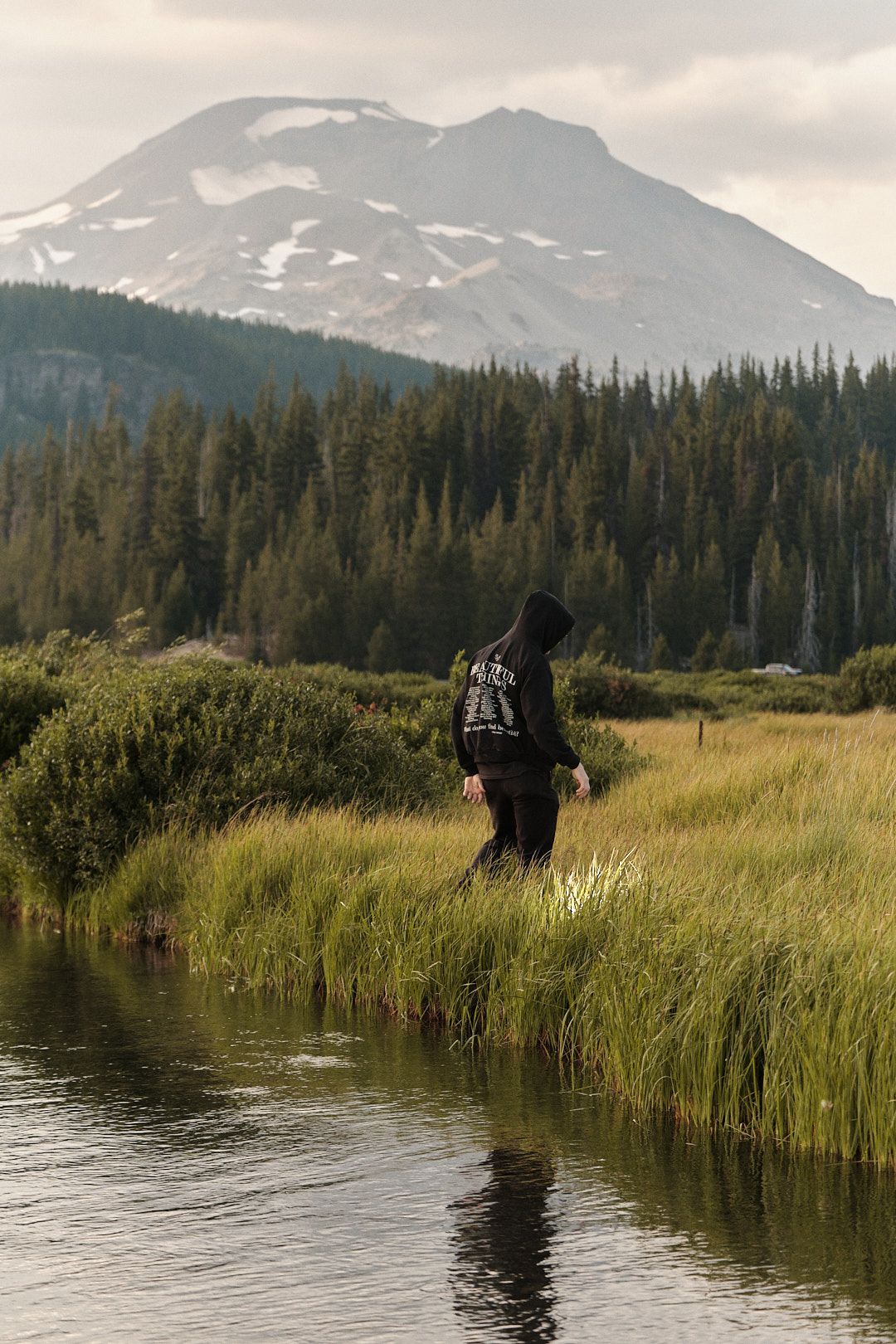 Scenic mountain lake with tall grasses and evergreen trees along the shoreline during sunset.