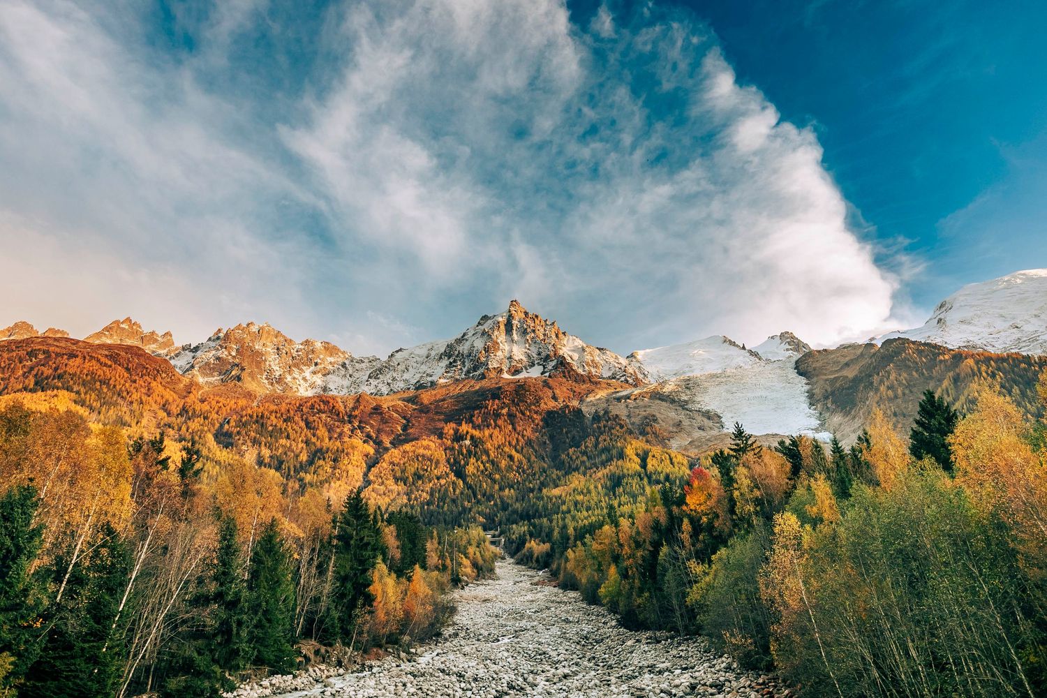 Panoramic mountain landscape with dramatic peaks and blue skies.