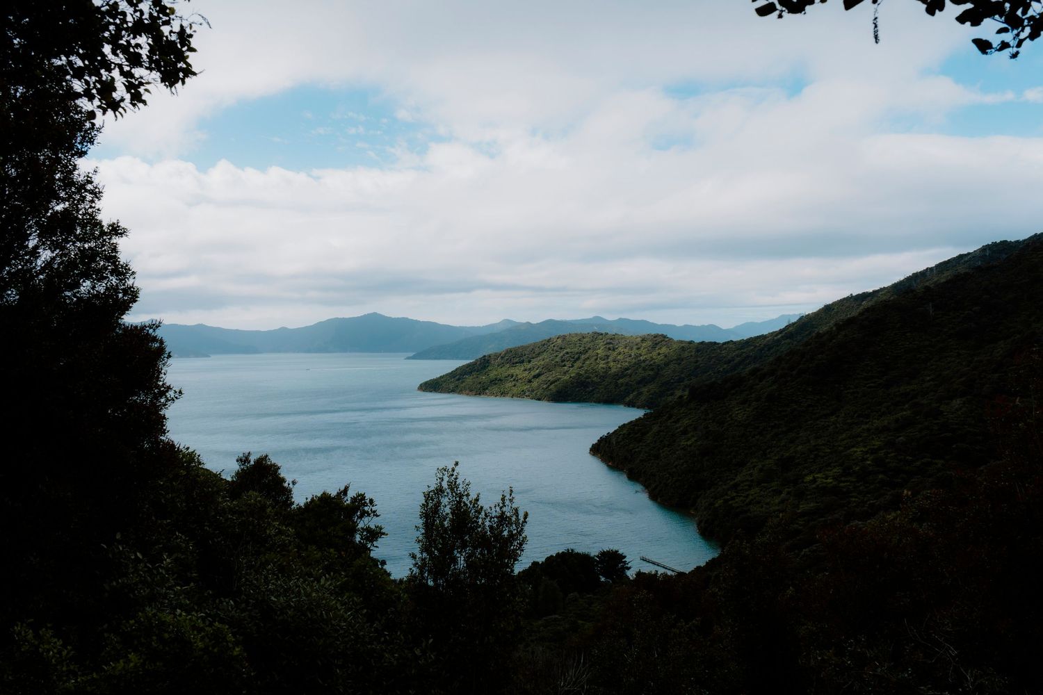 A panoramic view of a coastal landscape with rolling green hills overlooking a tranquil bay under cloudy skies.
