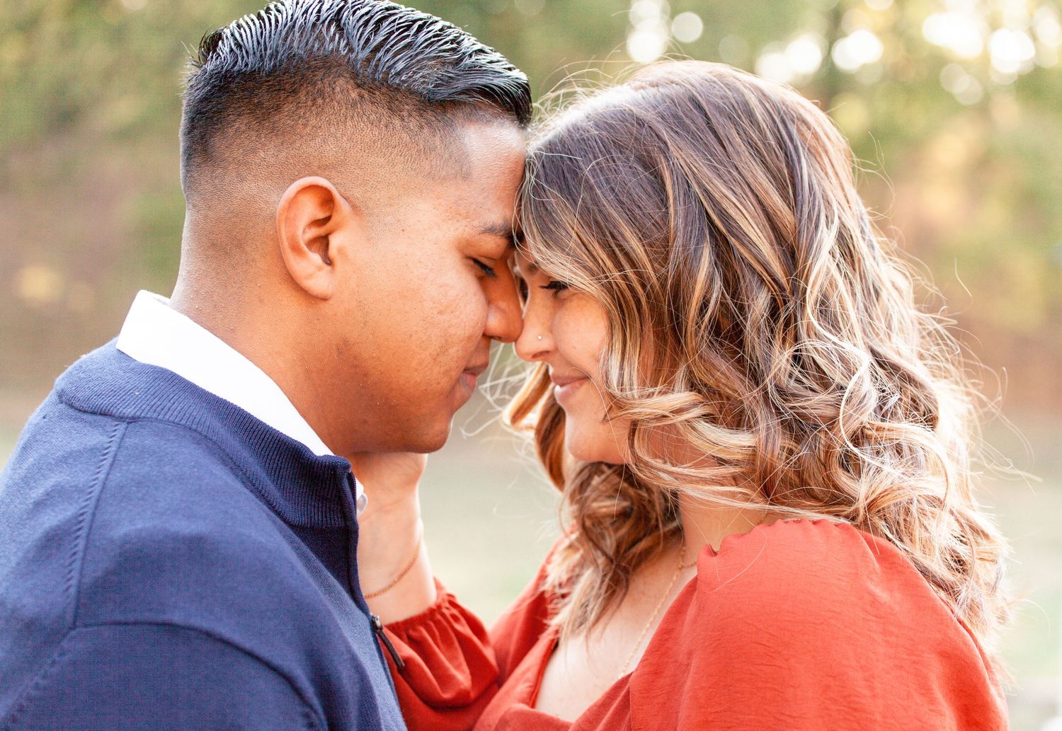 An intimate series of romantic couple photos showing tender moments in outdoor lighting.