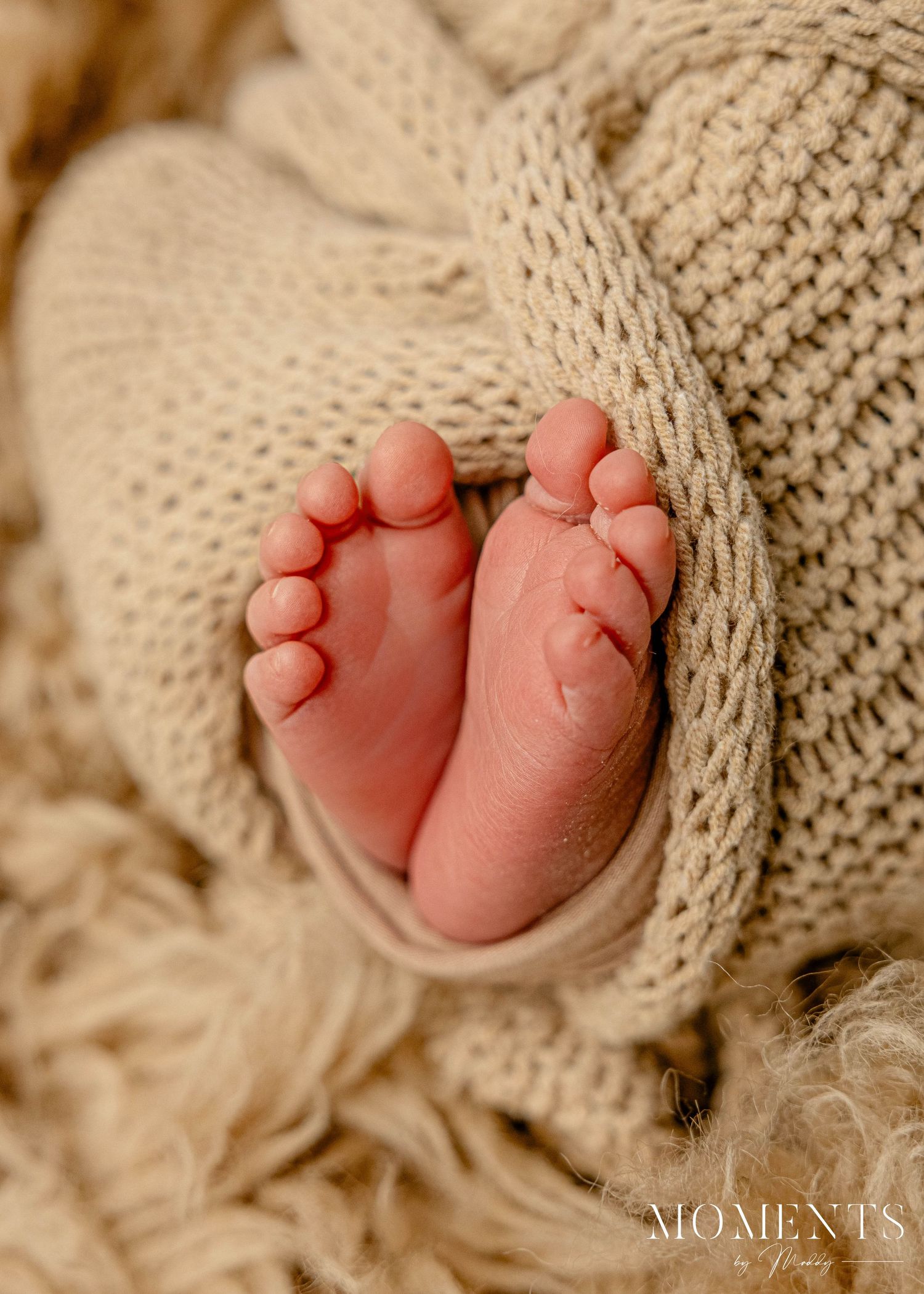 Series of tiny baby feet peeking out from under a soft knitted blanket.