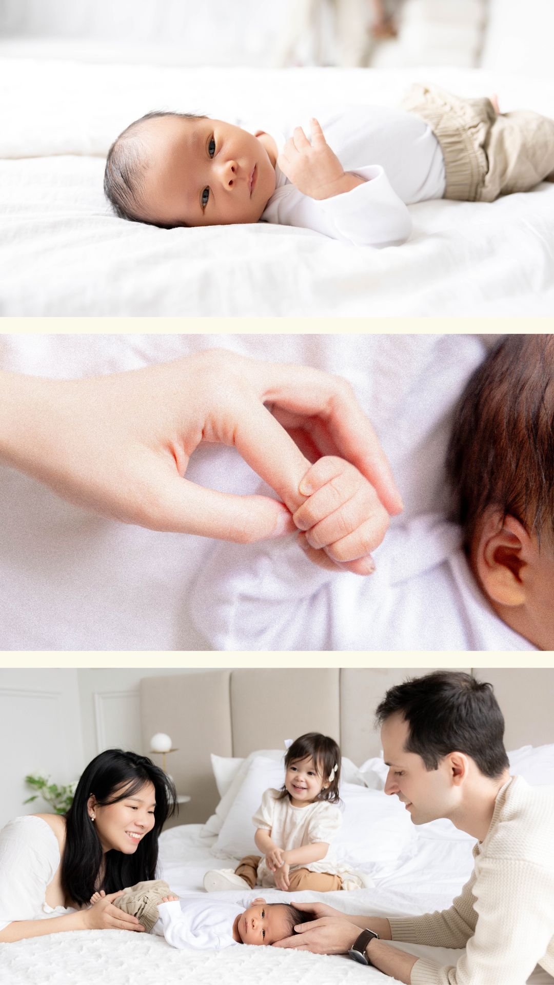 Family bonding moments with sleeping baby on white bedding in minimalist setting.