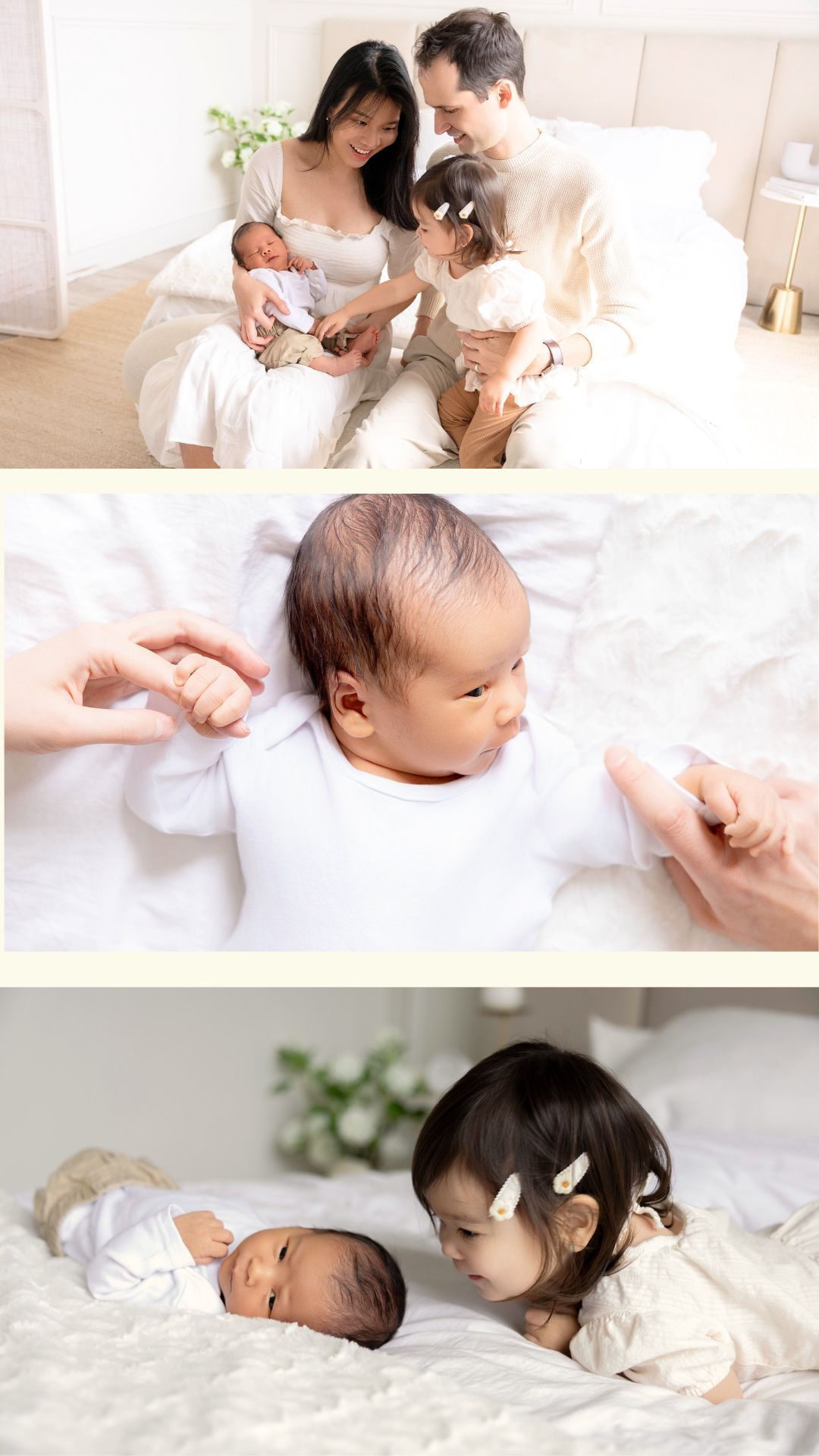 Intimate family moments with newborn baby on white bedding in bright, airy setting.