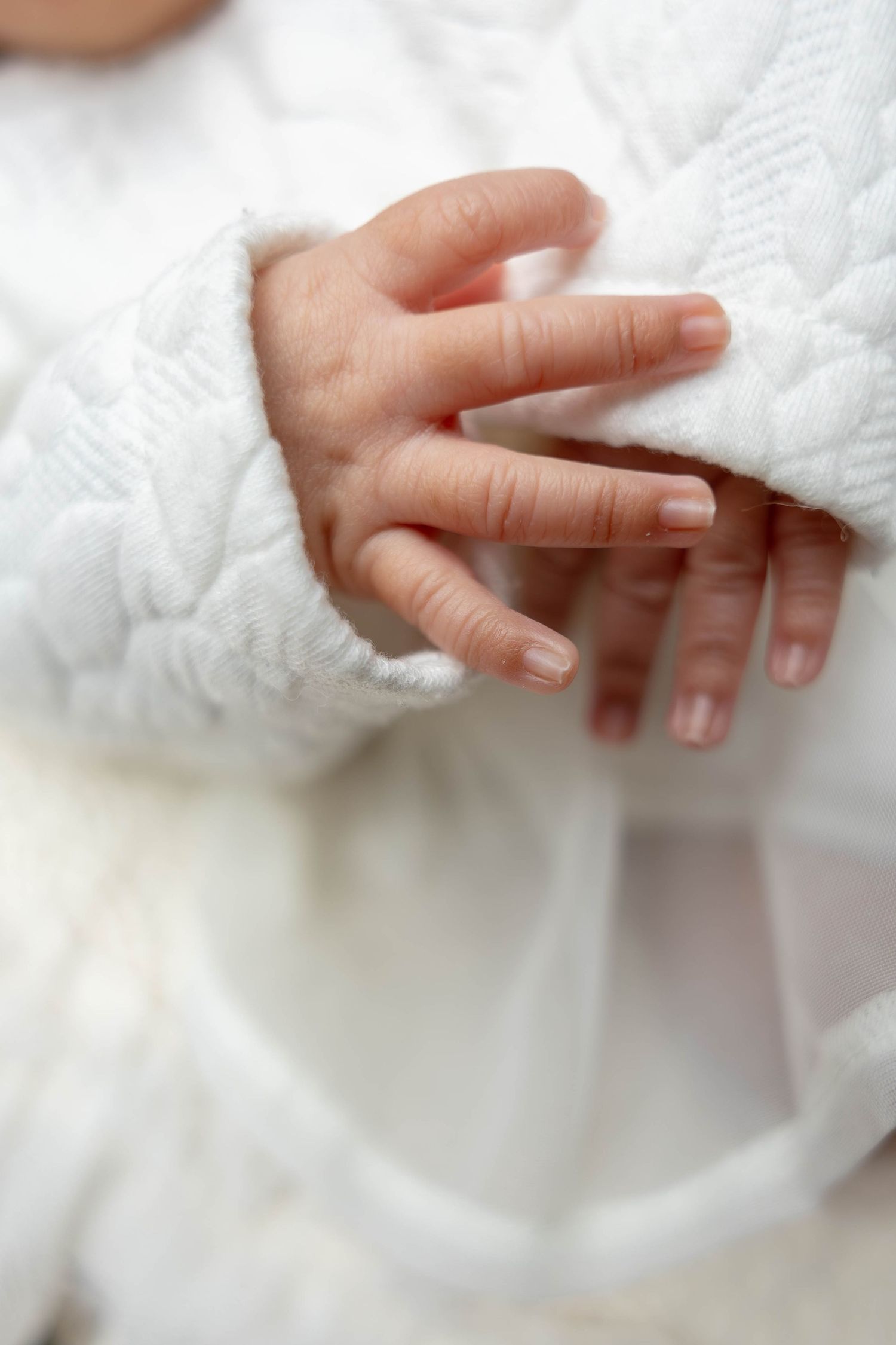 Close-up shots of tiny newborn hands against white textured fabric.