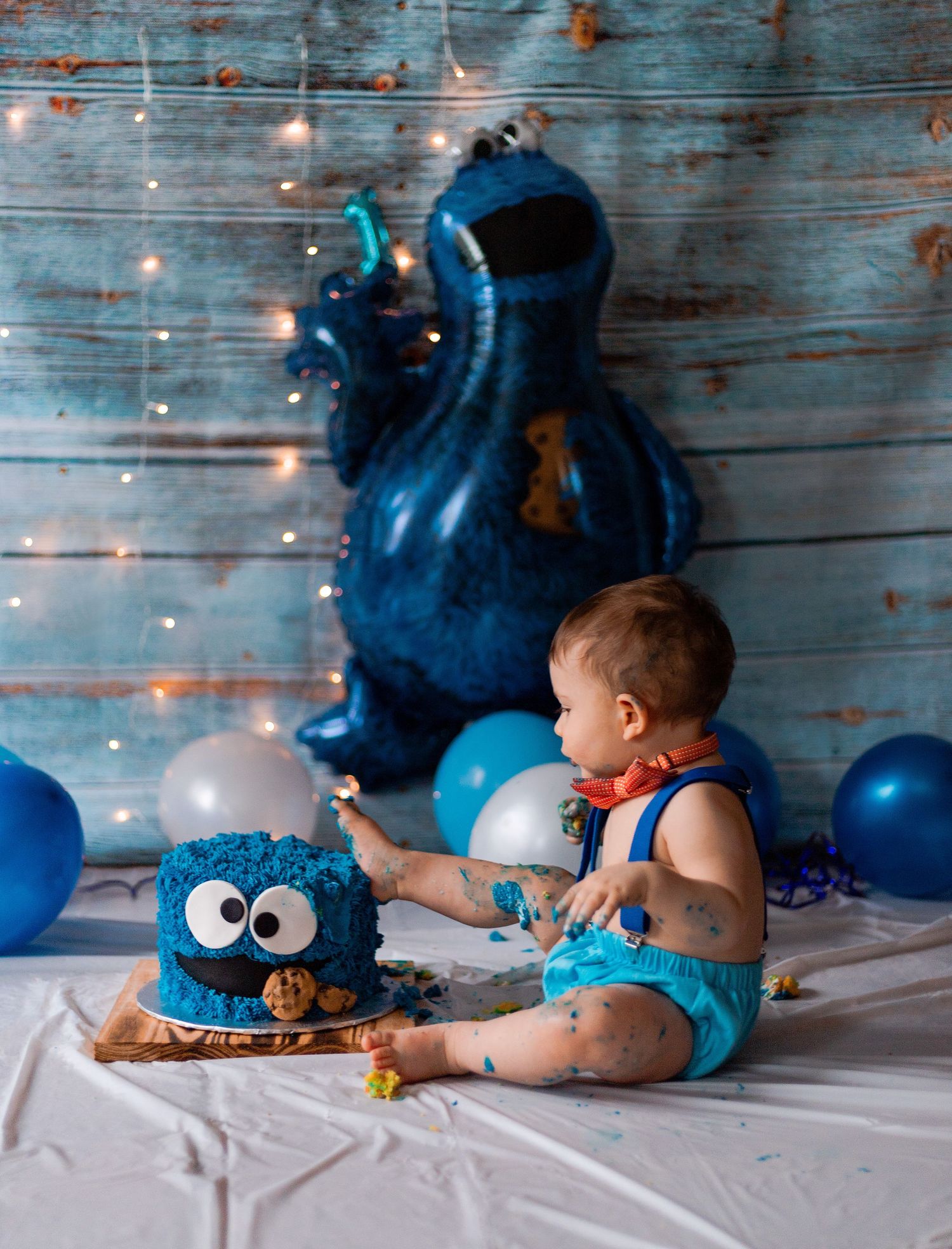 Cookie Monster smash cake photo session with blue and white decorations.