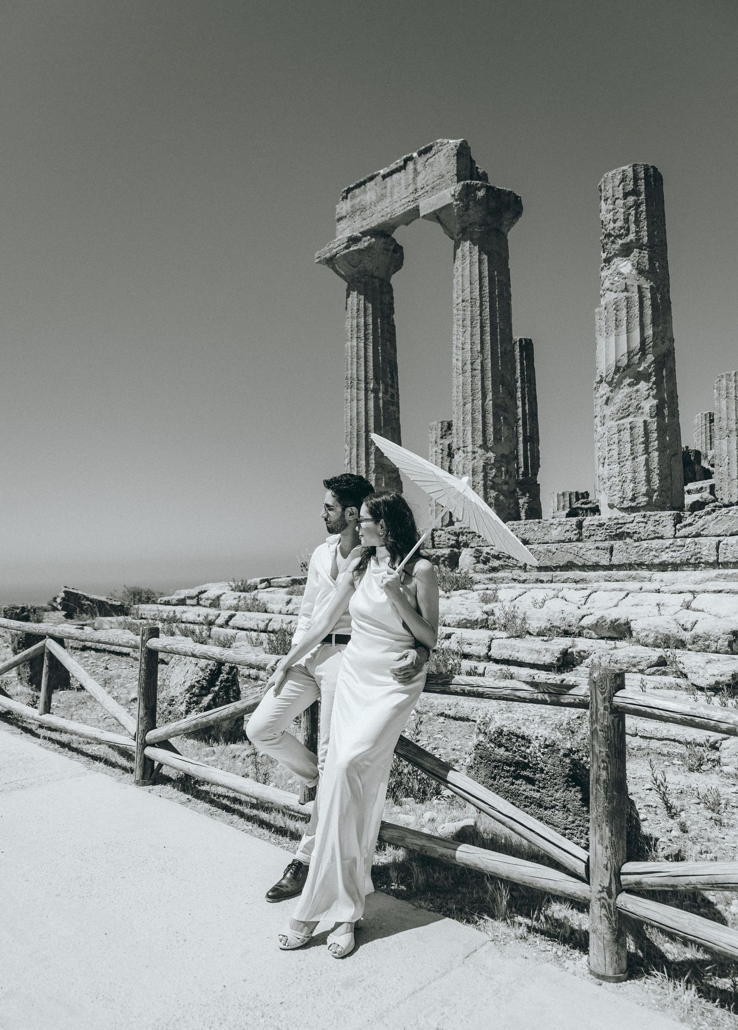 Dramatic black and white portraits taken at ancient Greek temple site.
