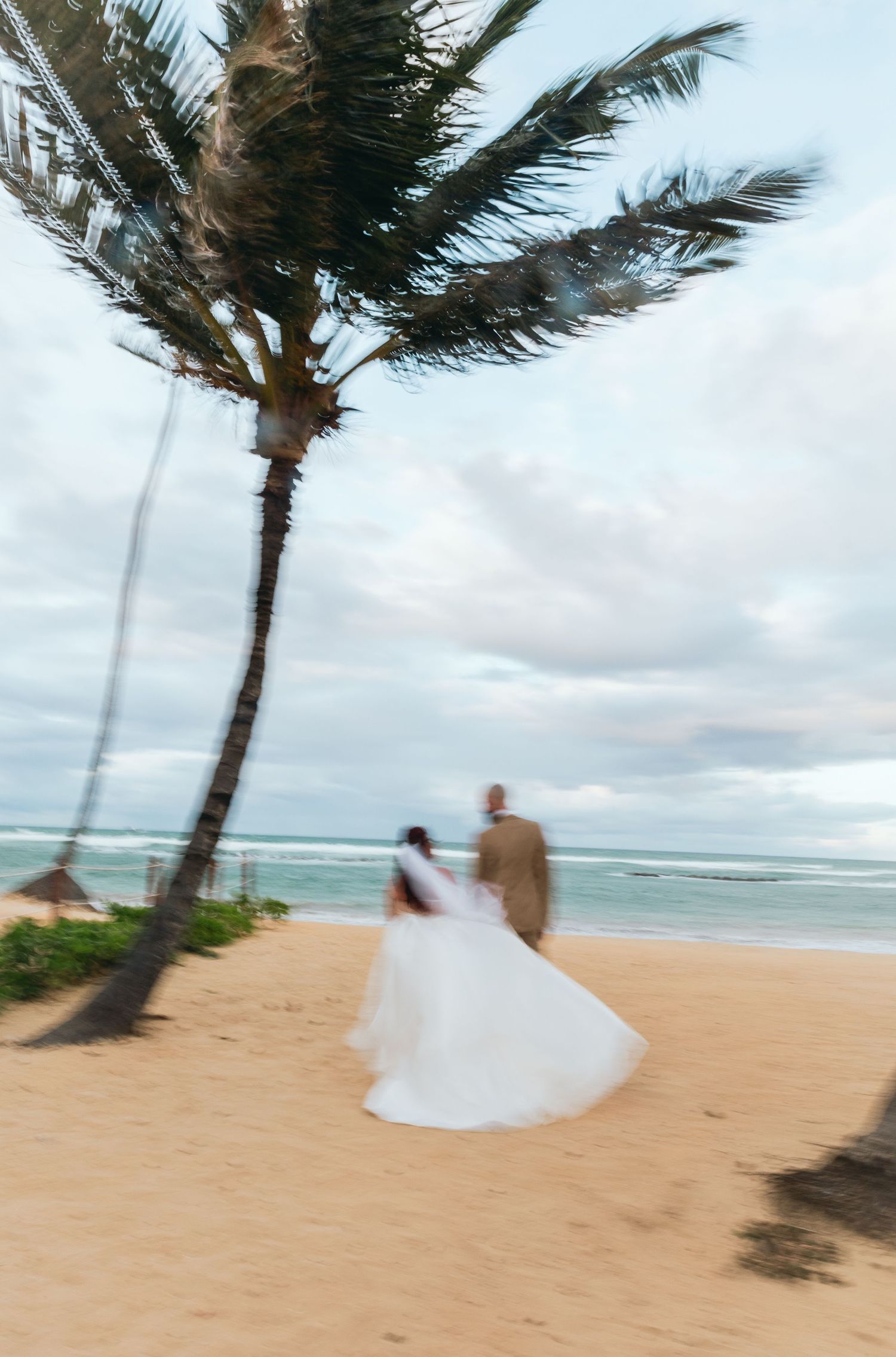 Motion-blurred photo of a couple in wedding attire walking on a tropical beach with a palm tree.