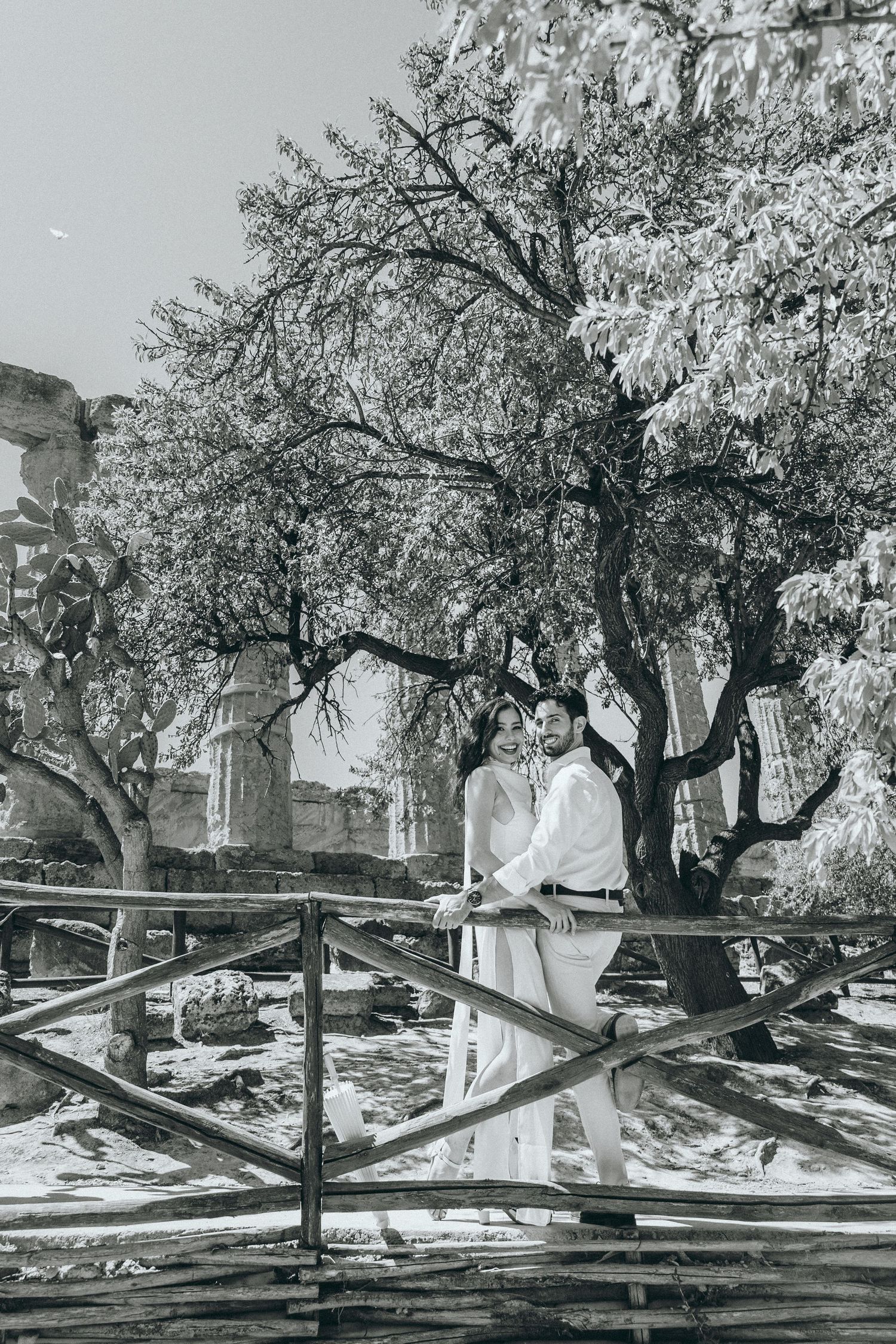 Black and white photo of a scenic garden path with stone walls and trees casting shadows in natural sunlight.