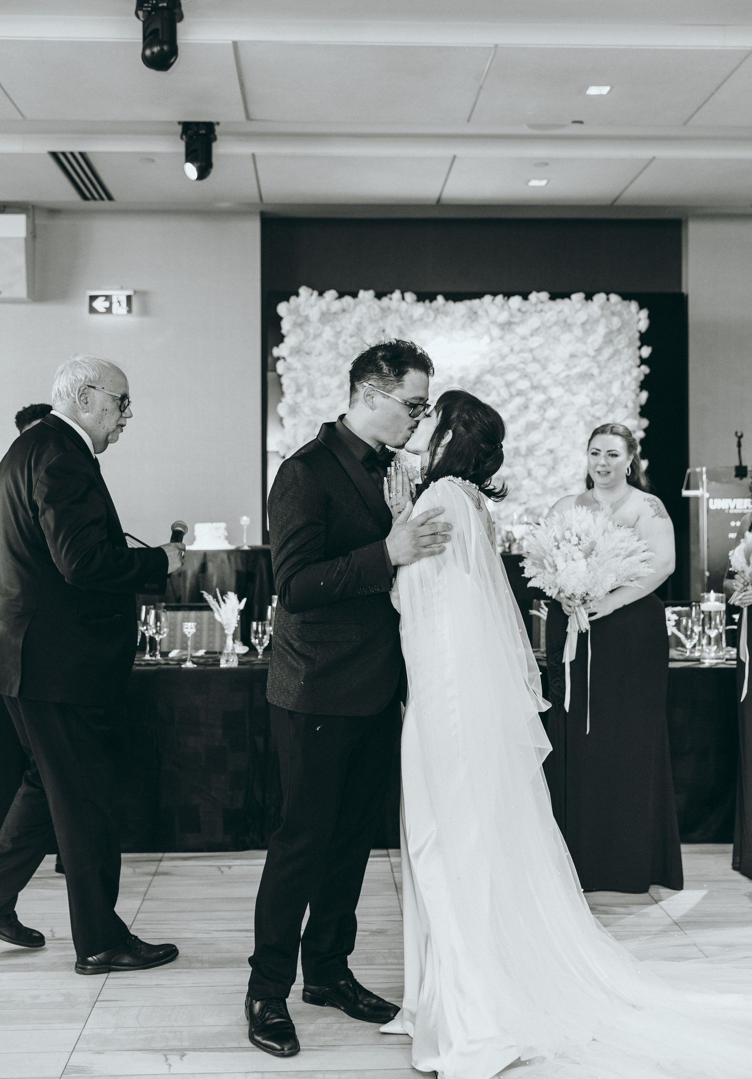 Wedding reception candid moments captured in sequence against white floral backdrop.