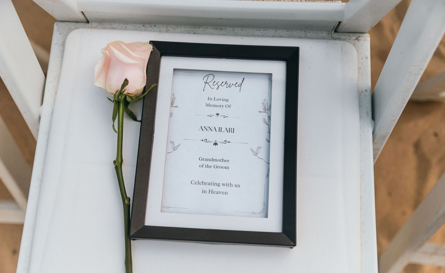 Elegant wedding signage and decor displayed in white frames.