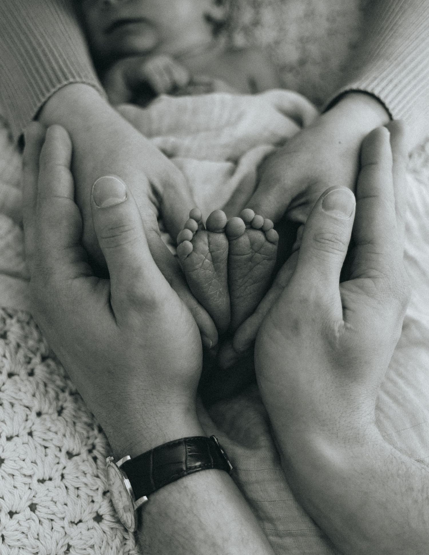 Close-up black and white image of adult hands gently cradling tiny baby feet.