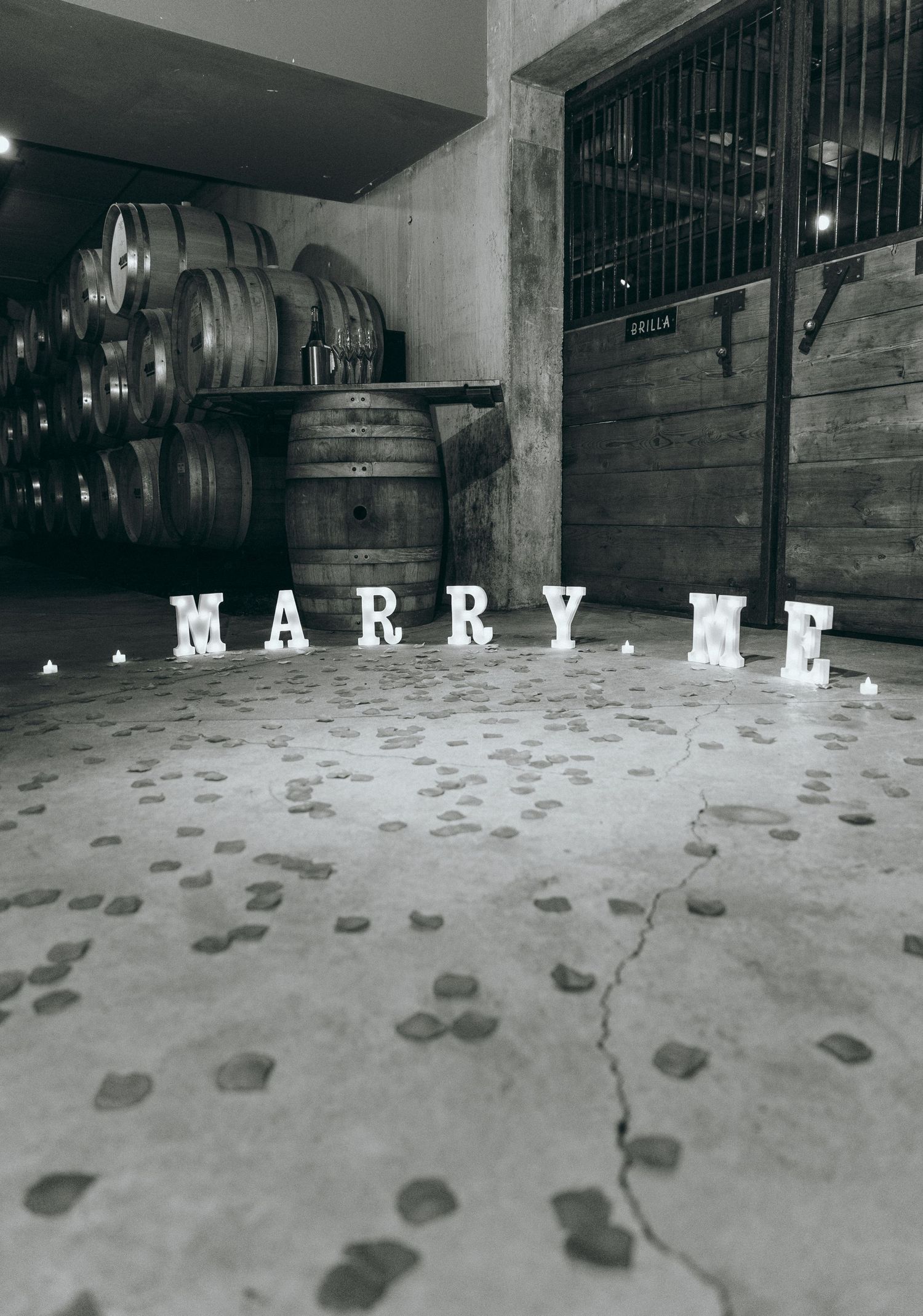 Letters spelling 'MARRY ME' arranged on concrete floor in front of wine barrels.