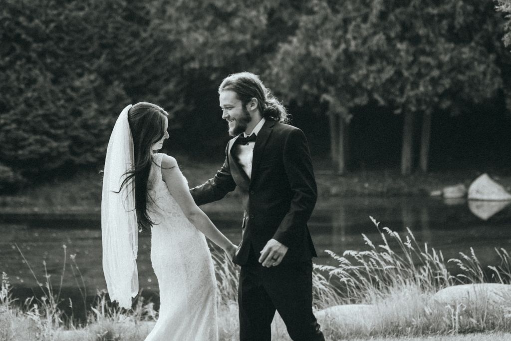 A romantic wedding photo sequence showing a couple dancing in a field at sunset.
