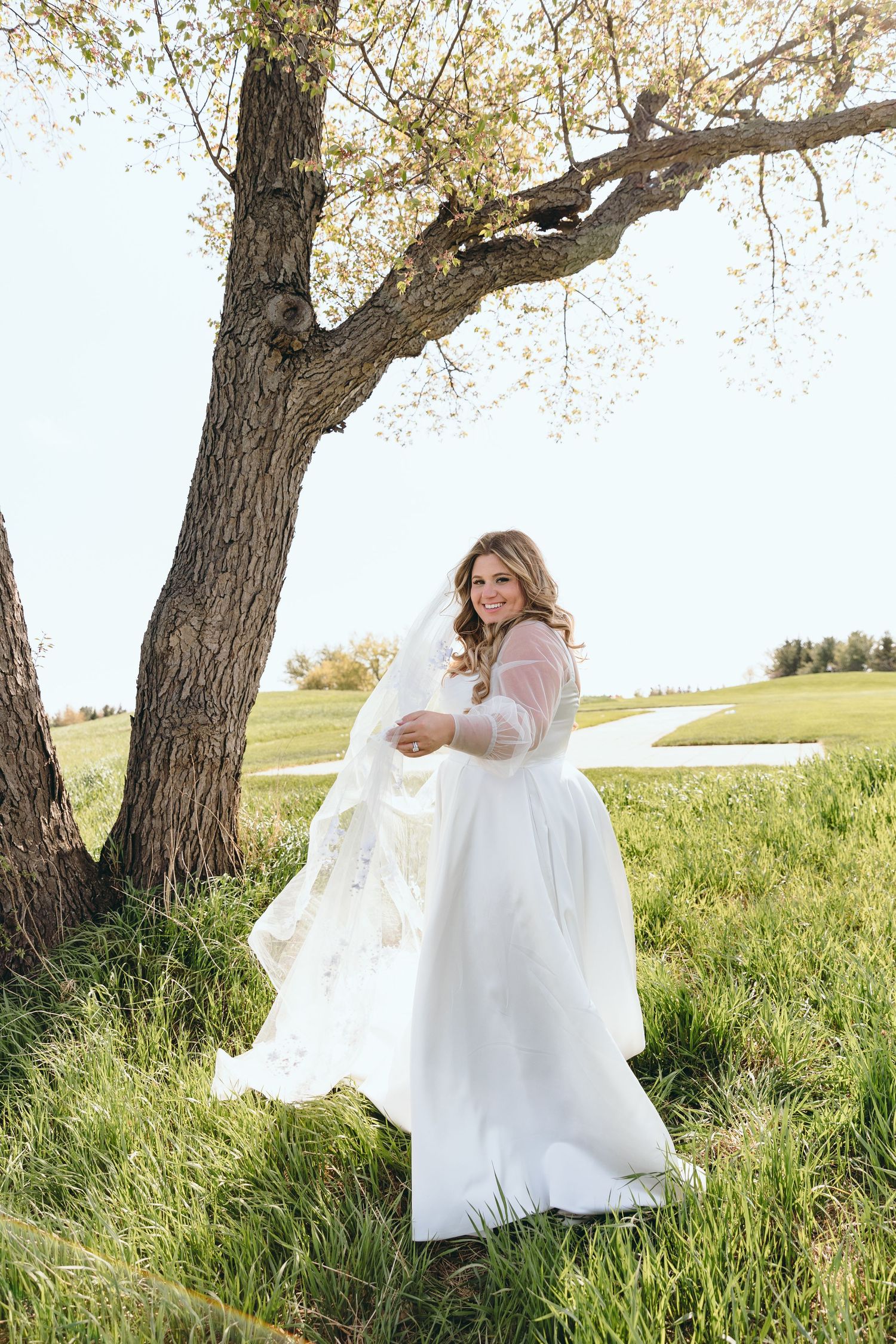 A bride's white dress billows in the wind beneath a large tree on a grassy hillside.