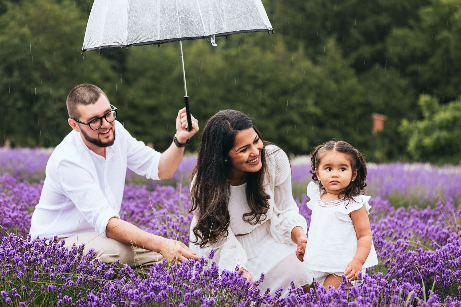 People enjoying a sunny day in a purple flower field with white umbrellas.