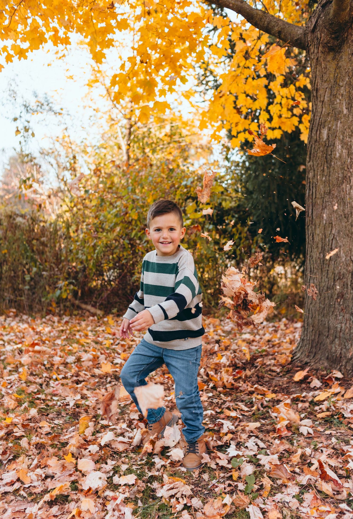 Playful autumn photography session among fallen leaves and golden trees.