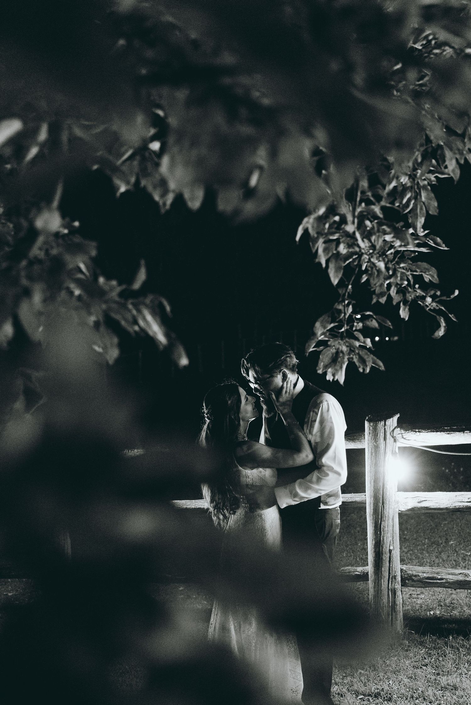 Atmospheric black and white nighttime photo through tree branches.