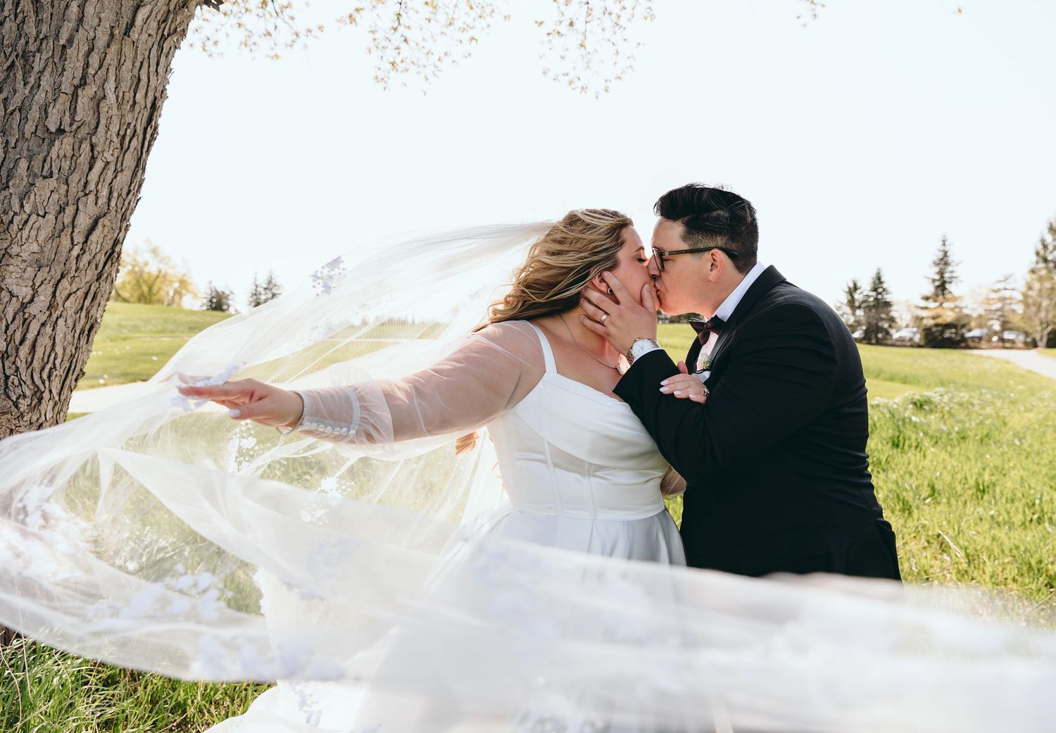 Wedding couple shares romantic moment with veil flowing in the breeze under a tree.