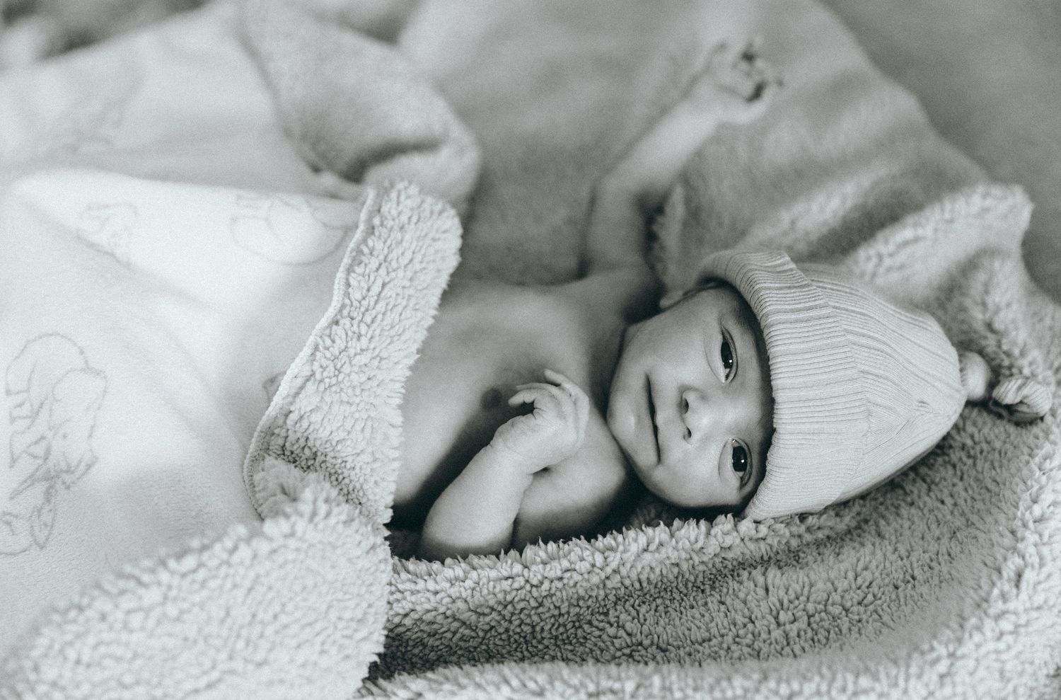 Black and white series of sleeping newborn wrapped in textured blanket.