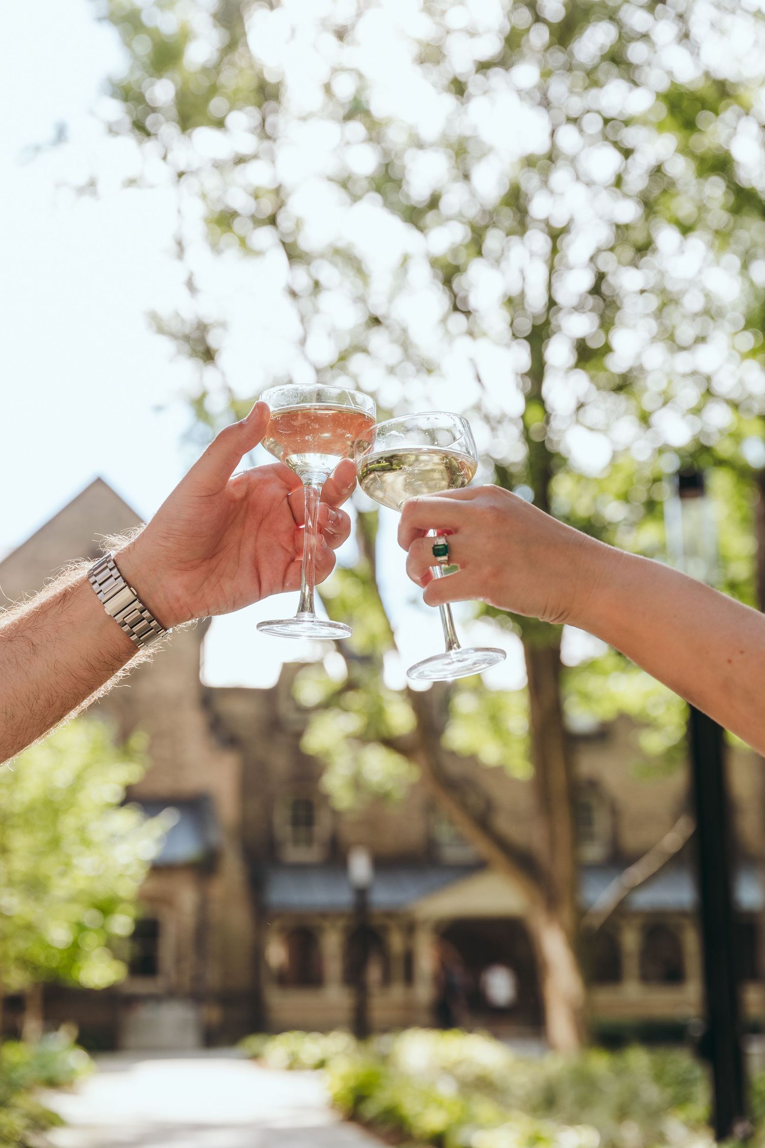 Hands toasting with champagne glasses against a blurred outdoor background.