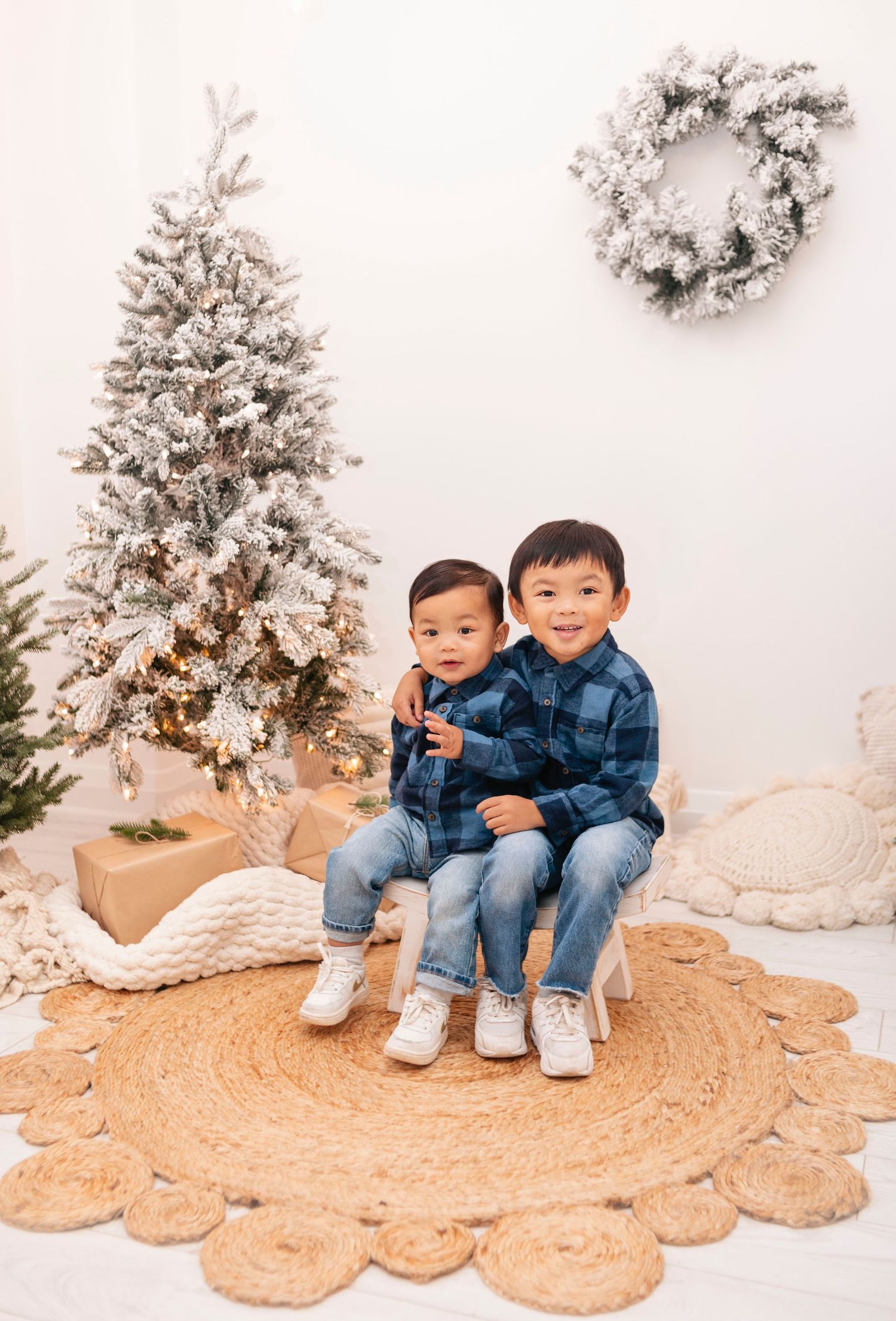 Two young boys in matching blue plaid shirts and jeans pose together for a Christmas photo with a flocked tree.