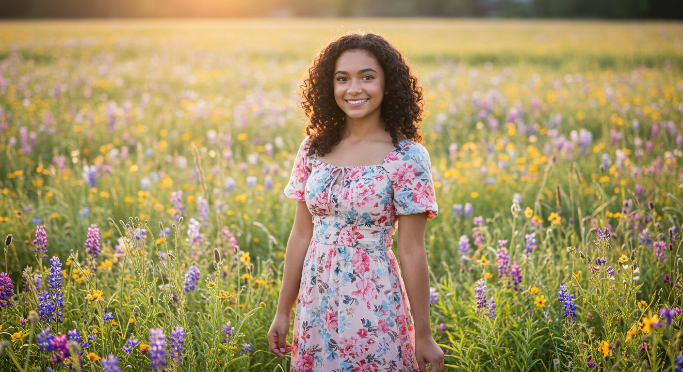 A person wearing a floral dress stands in a vibrant wildflower meadow at sunset.