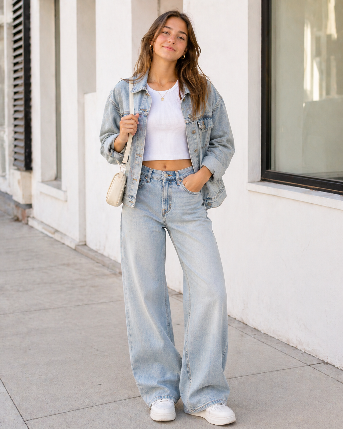Woman wearing light wash wide-leg jeans, white crop top, denim jacket, and white sneakers, carrying a cream shoulder bag.