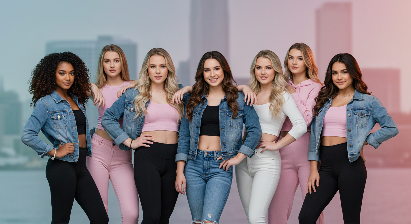 Group of young women posing together in denim jackets and casual outfits against a pink backdrop.