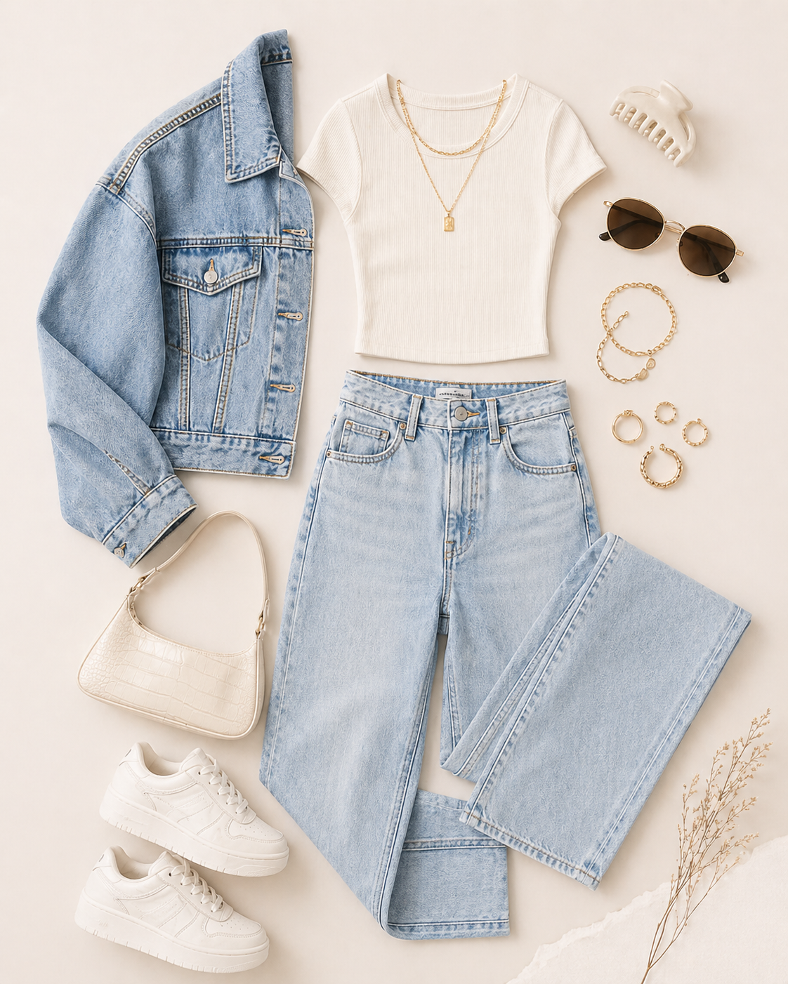 Flat lay of light wash jeans, white crop tee, denim jacket, white sneakers, shoulder bag, and gold accessories.