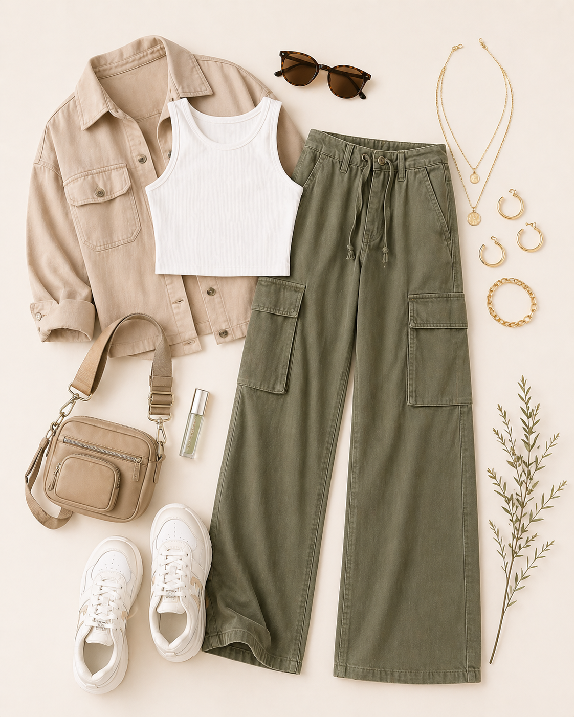 Olive cargo wide-leg pants styled with white crop top, beige shacket, sneakers, crossbody bag, and gold jewelry.