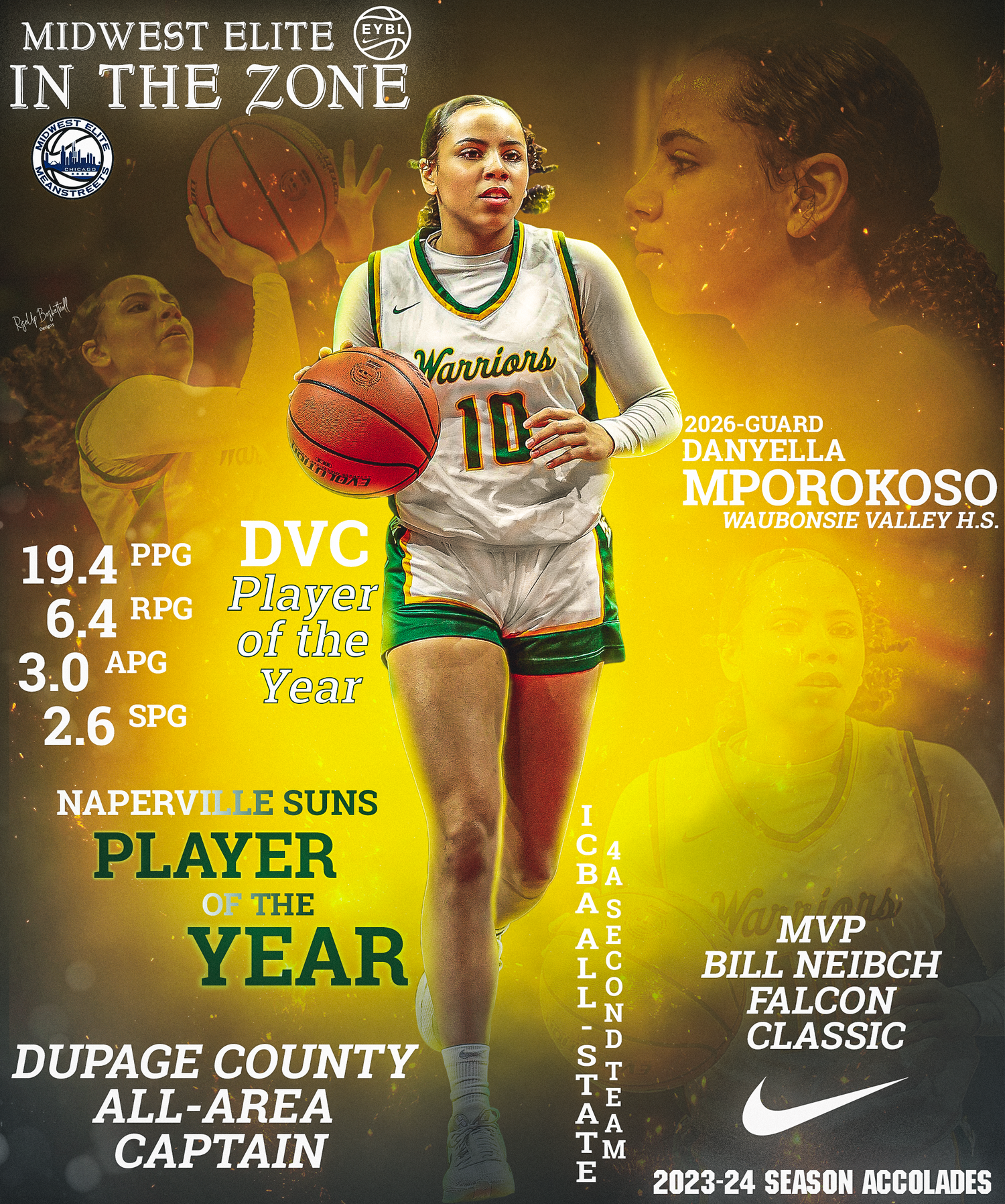 Sports accolades graphic showing player statistics and achievements in yellow and green design.