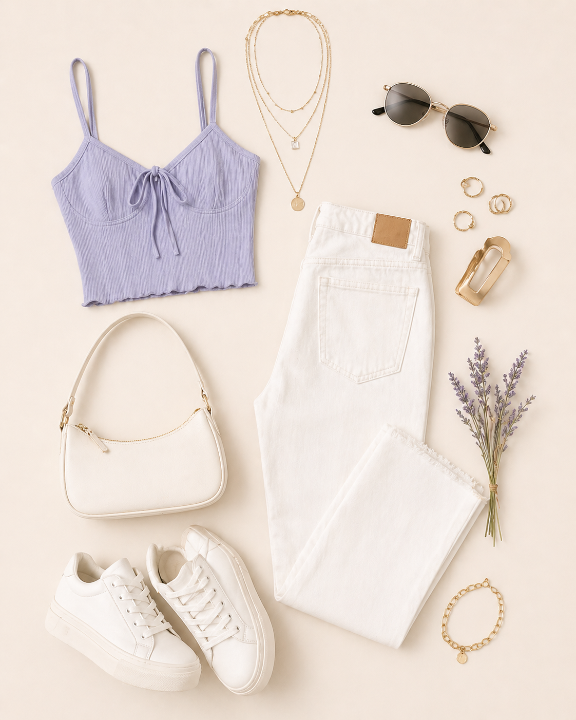 Flat lay of lavender crop top, white jeans, sneakers, crossbody bag, layered necklace, sunglasses, and gold accessories.