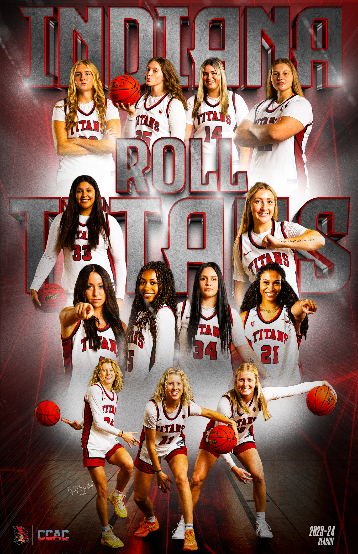 Basketball team photo collage with dramatic red lighting and dynamic poses.
