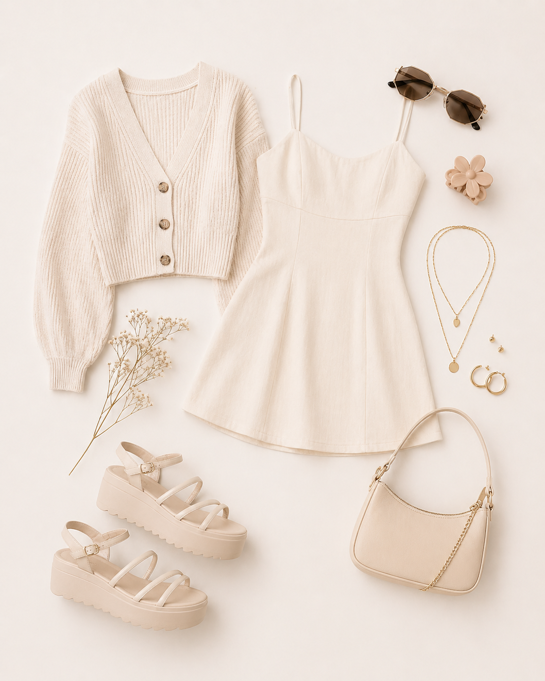 Cream aesthetic outfit flat lay with mini dress, knit cardigan, platform sandals, mini bag, gold jewelry, and sunglasses.