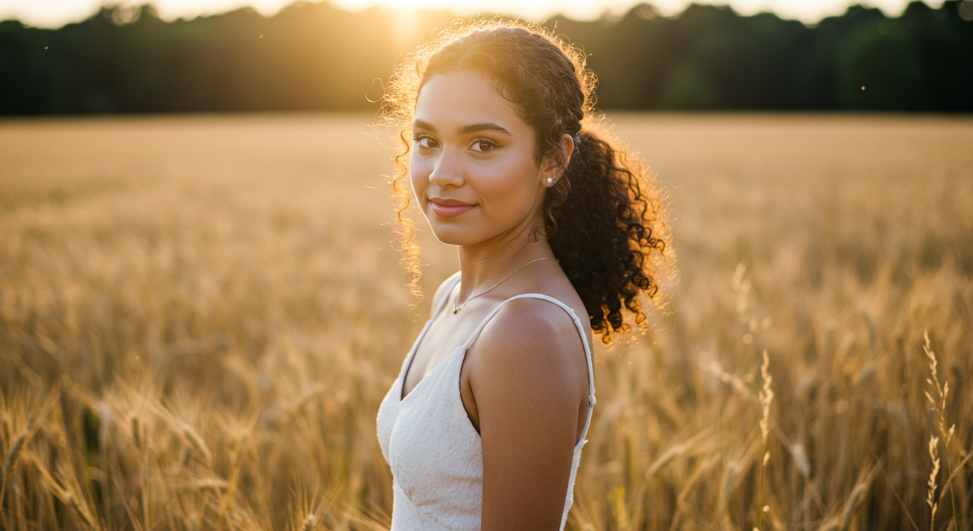 A woman poses in a sunlit wheat field during golden hour with soft sunbeams illuminating her curly hair.