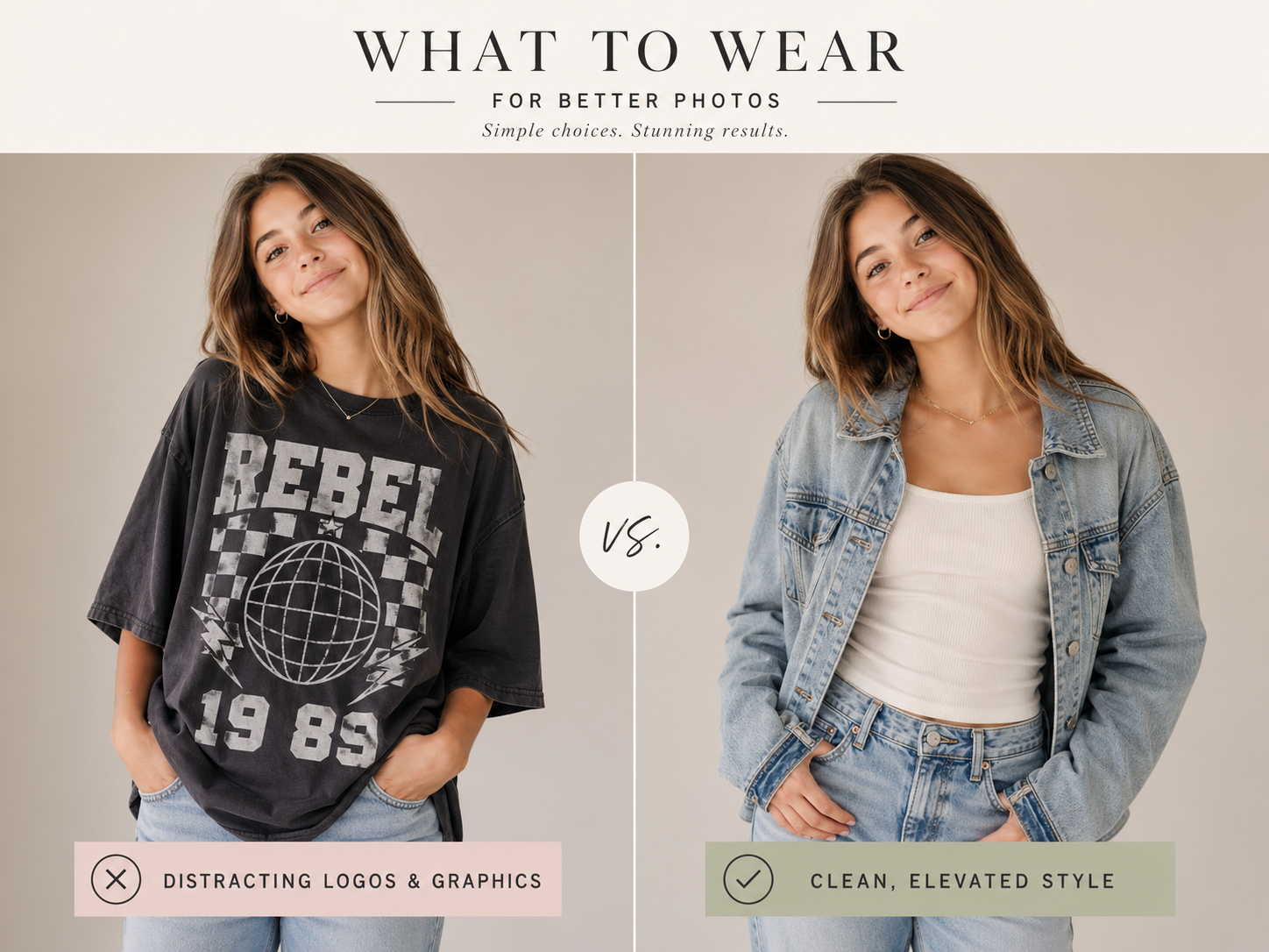 Side-by-side photo comparison showing what to wear for better photos: graphic tee vs. clean elevated denim jacket style.
