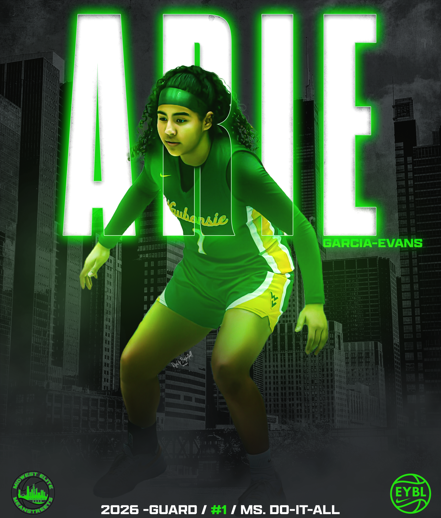 Urban-themed basketball photo series with green neon lighting effects.