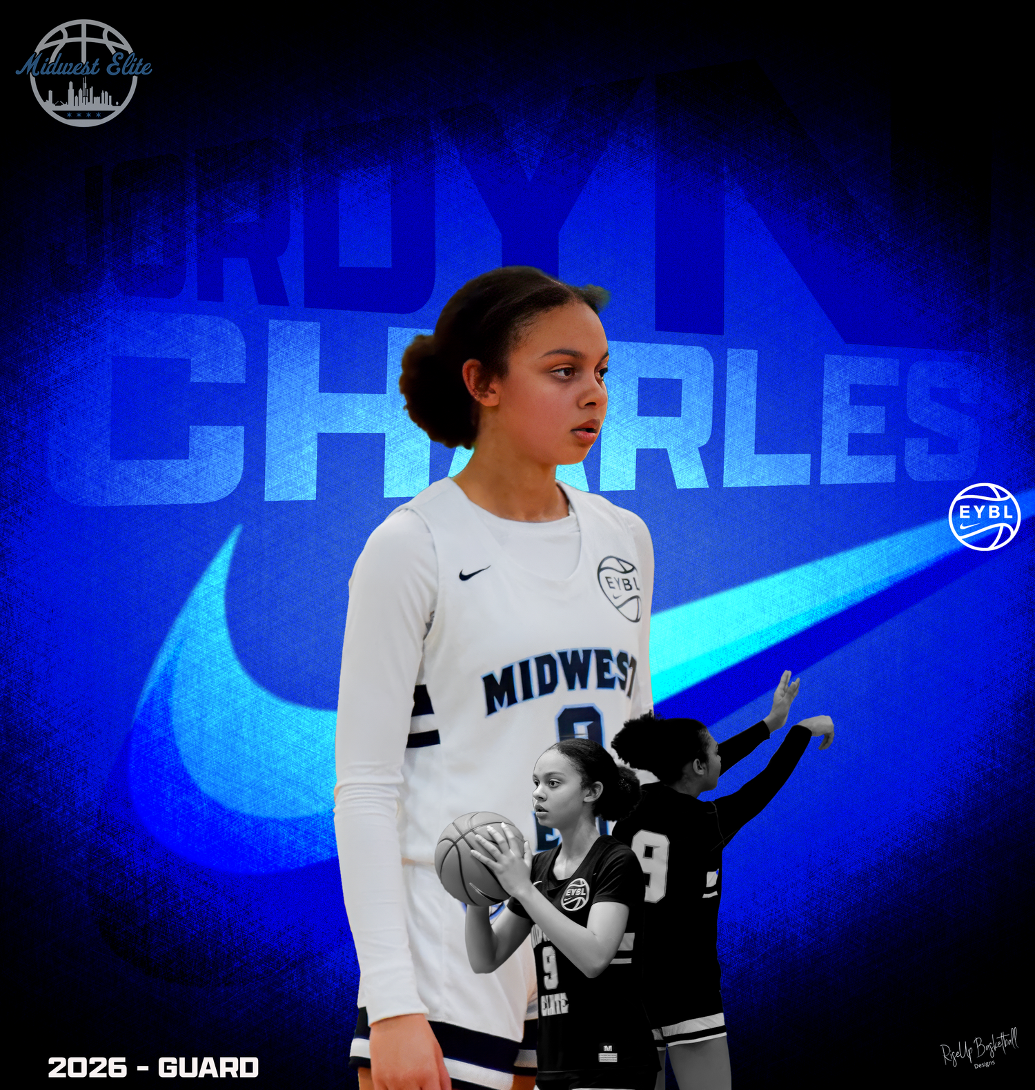Dynamic basketball photo series with blue Nike branding and lighting effects.