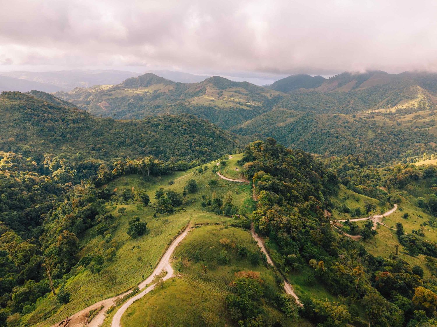Aerial view of lush green mountains with winding dirt roads under a cloudy sky in a tropical landscape.