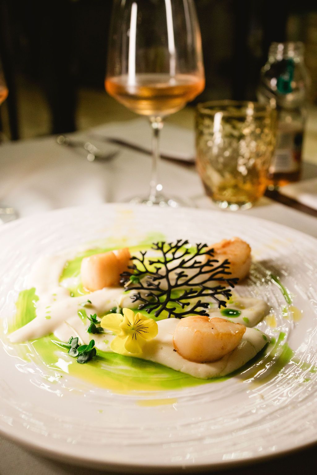 Elegant scallop dish with green sauce, edible flower, and decorative coral art on white plate with rose wine.