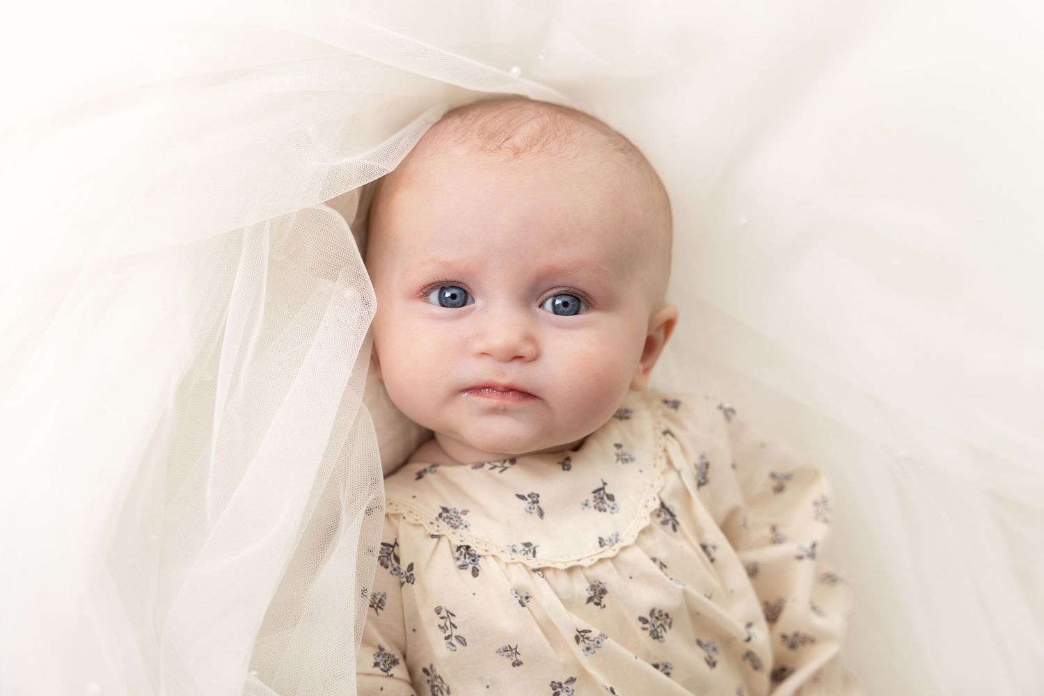 Baby lying on mother's wedding veil, natural and timeless Wicklow photography session