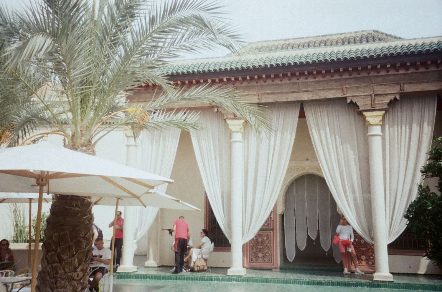 Cinematic travel film photograph of Marrakech, Morocco.