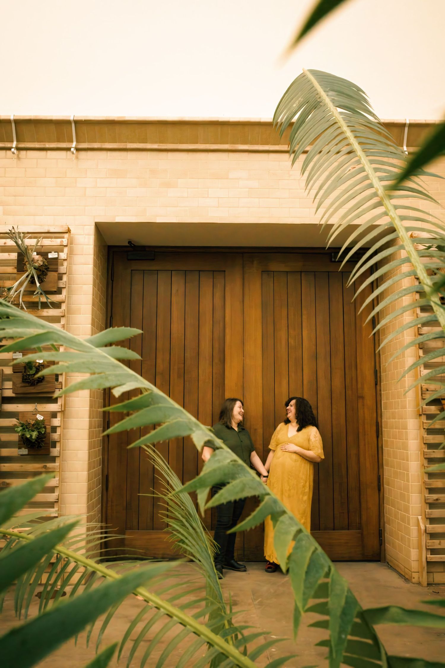 Two women stand holding hands before a wooden door, framed by tropical palm leaves in warm golden light.