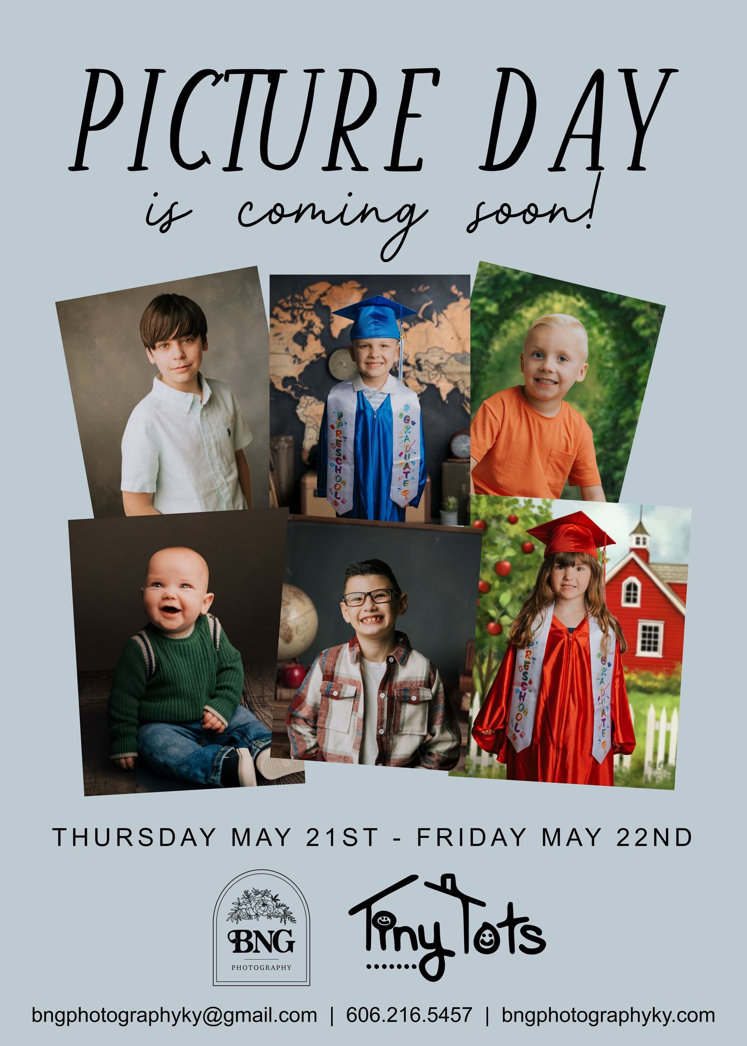 Picture Day is coming soon flyer for BNG Photography featuring children portraits, scheduled Thursday May 21st and Friday May 22nd.