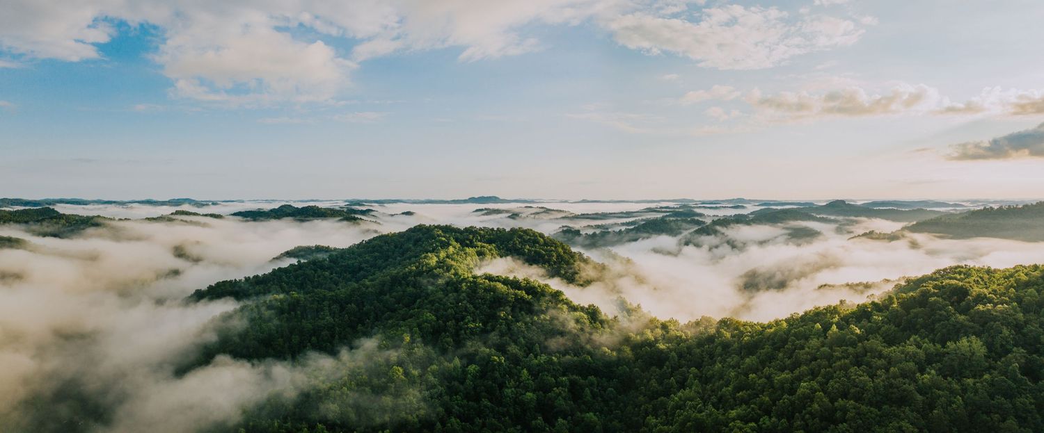 Misty mountain valley panorama with fog rolling through the hills at sunrise.